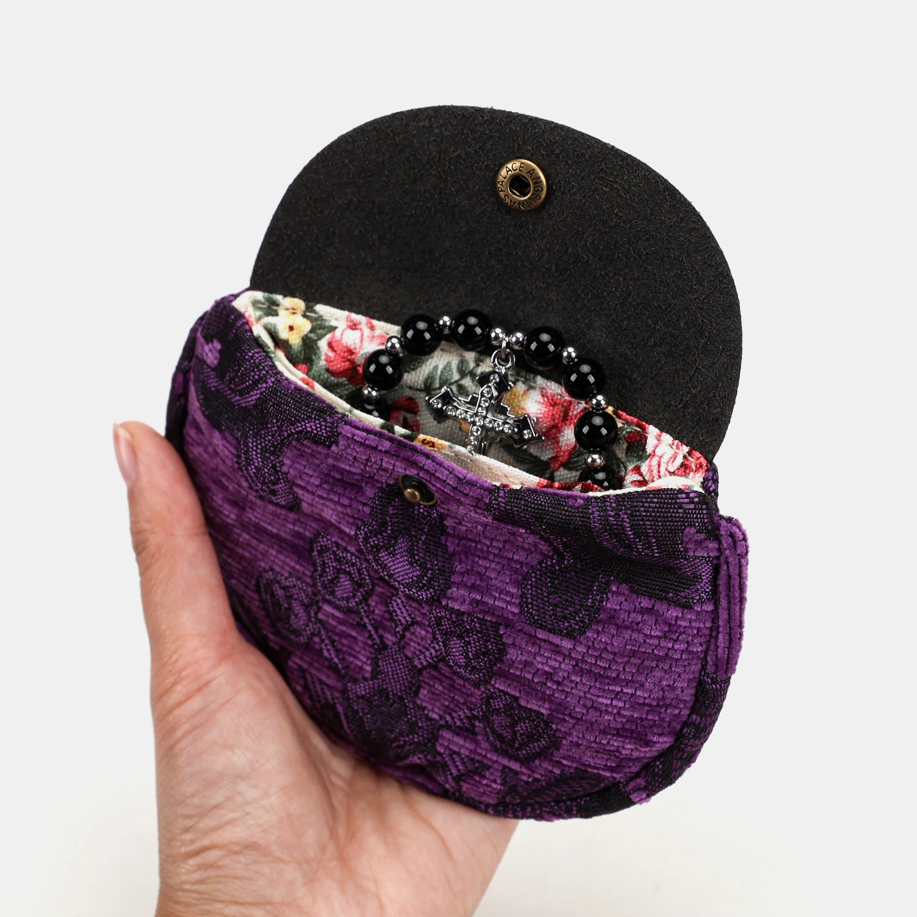 Victorian Blossom Purple Rosary Bag Carpetbag of America holding