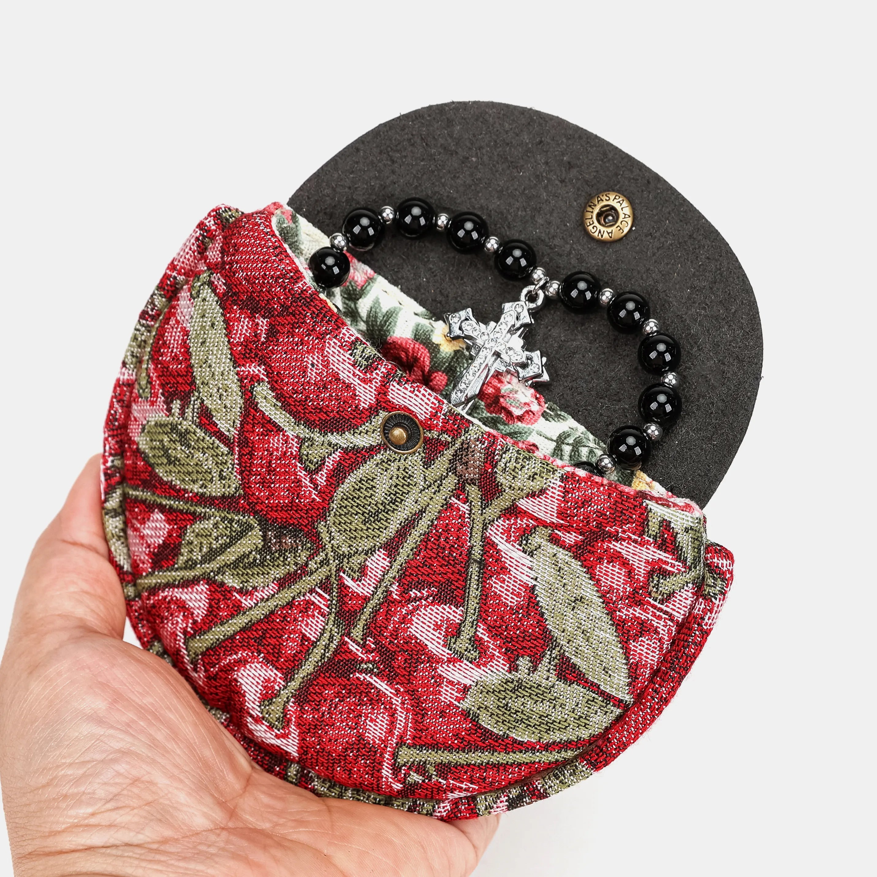 Cherry Cascade Rosary Bag Carpetbag of America holding