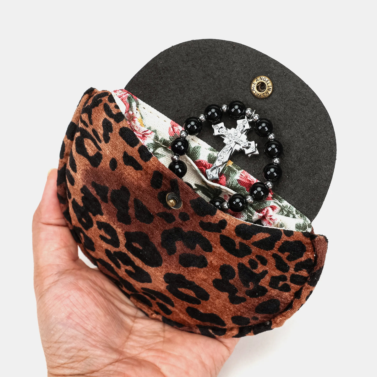 Leopard Classic Rosary Bag Carpetbag of America holding