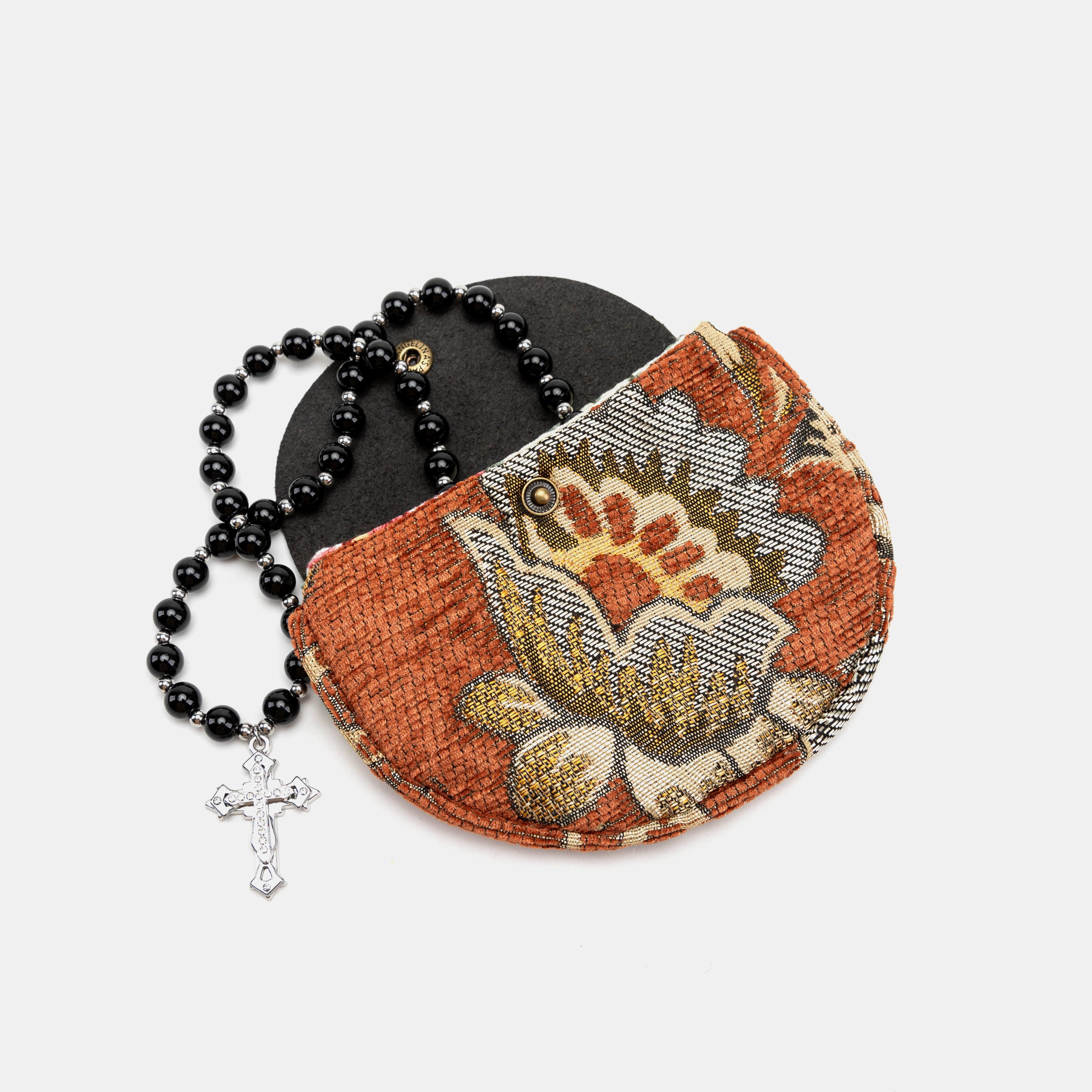 Paisley Orange Rosary Bag Carpetbag of America with rosary beads