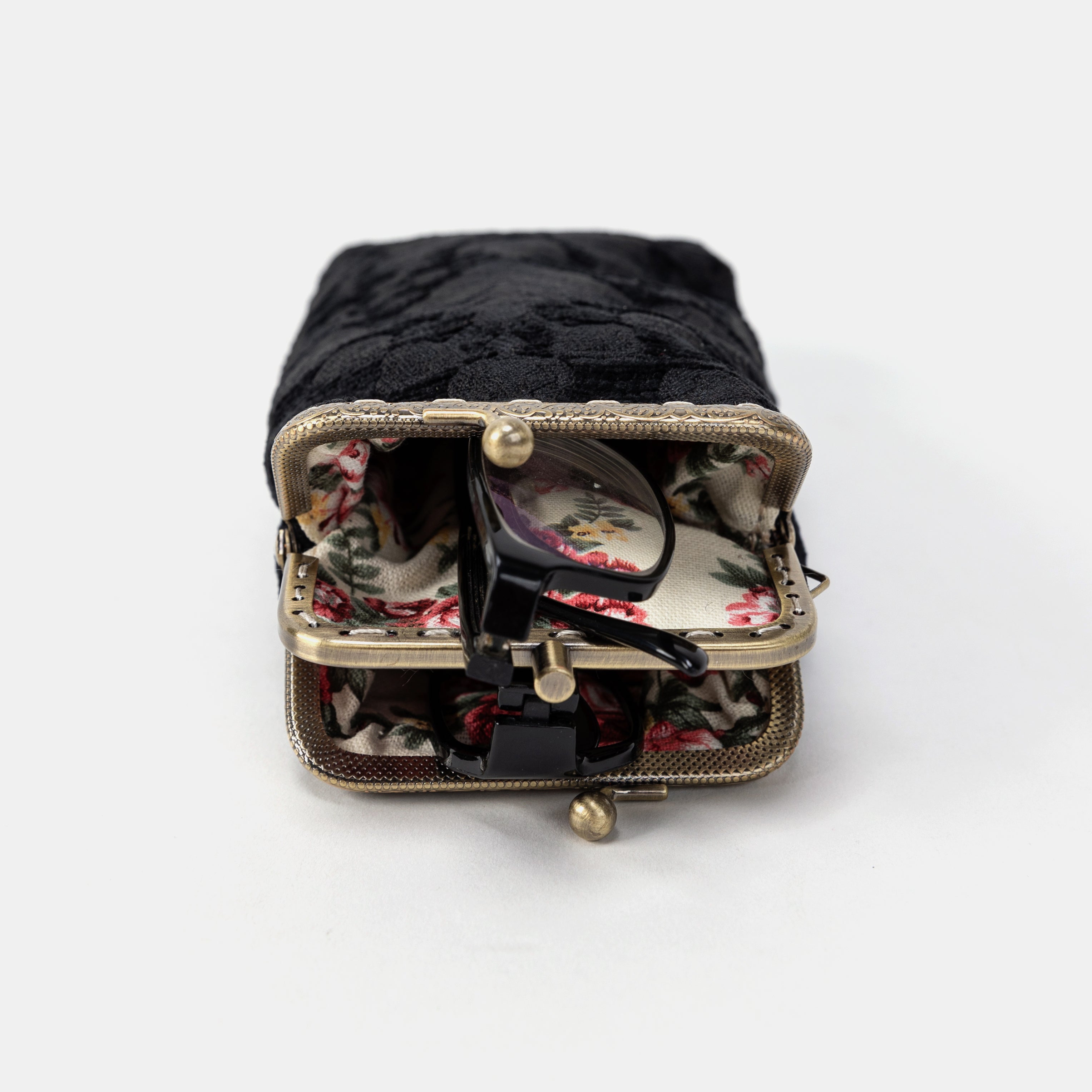 Victorian Blossom black Carpet Eyeglasses Case with eyeglasses Clamp opening topview