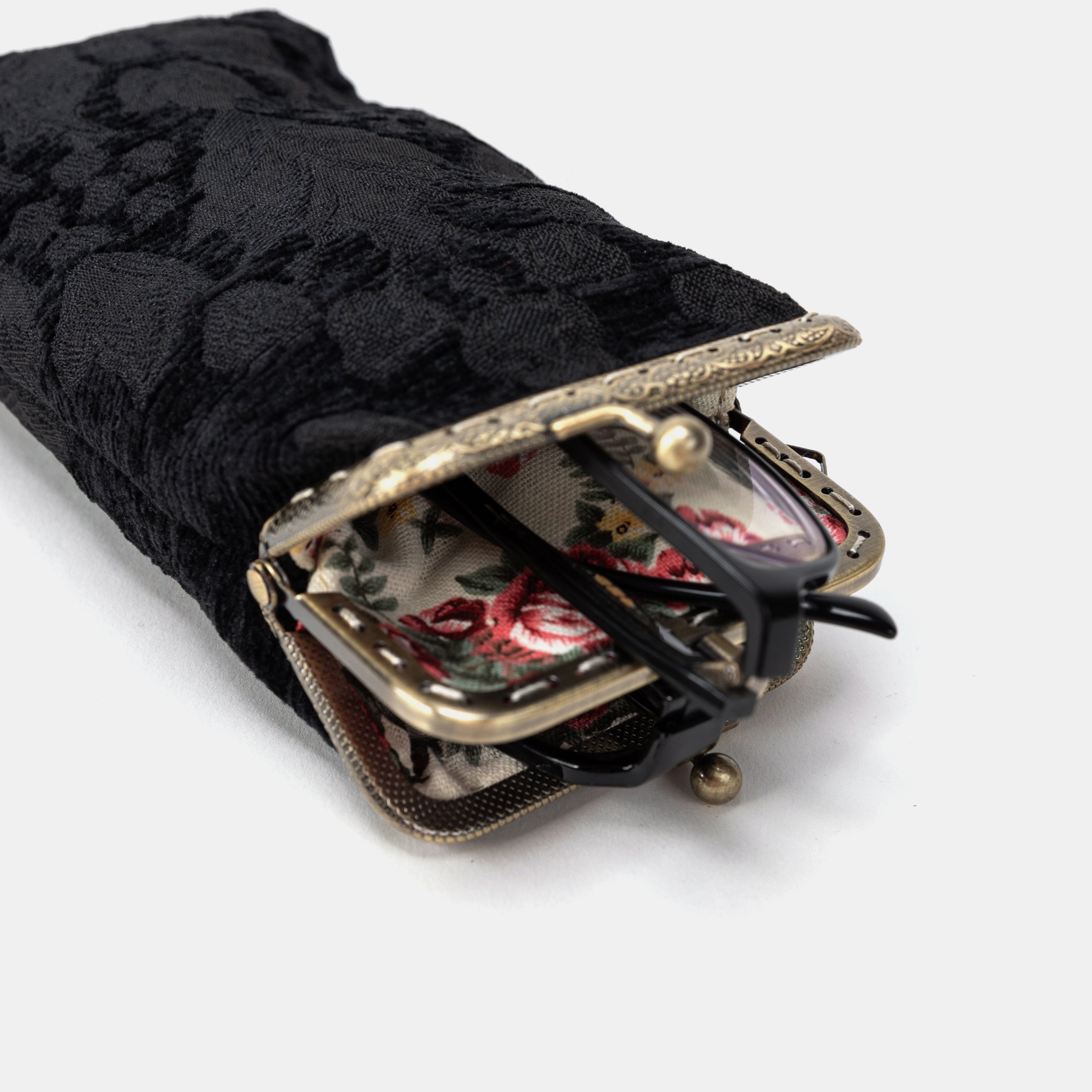 Victorian Blossom black Carpet Eyeglasses Case with eyeglasses front