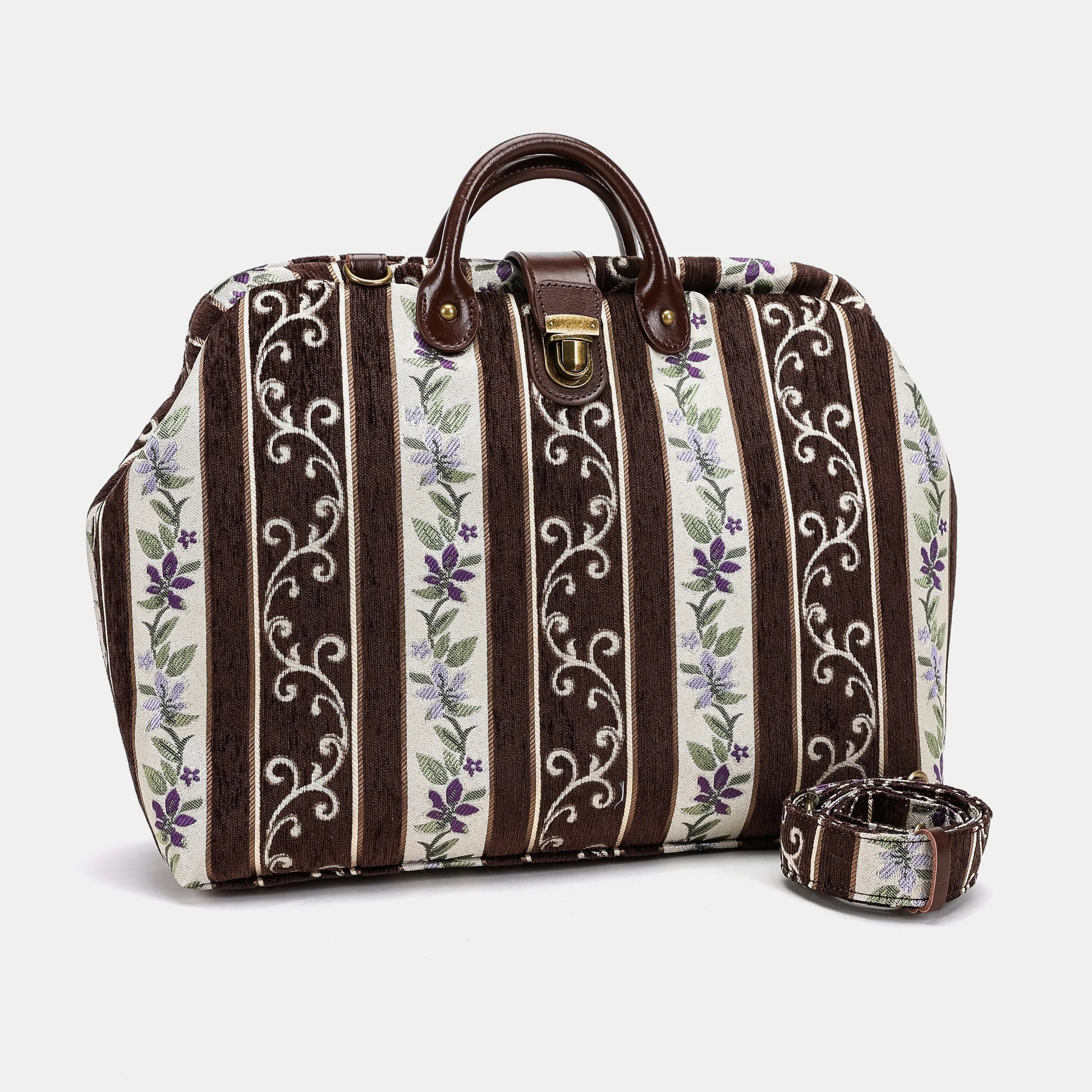 Victorian Stripes Brown Work Carpet Bag Oof America with shoulder strap