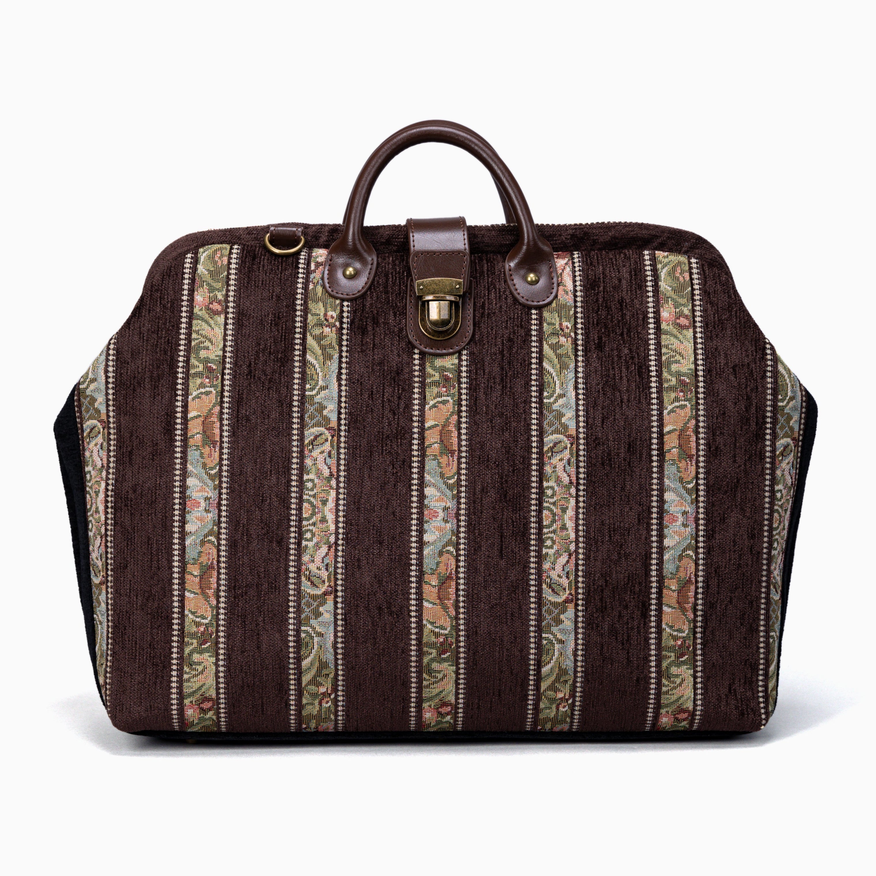 A brown work bag with floral stripes, made of chenille and leather, featuring handheld handles and a shoulder strap.