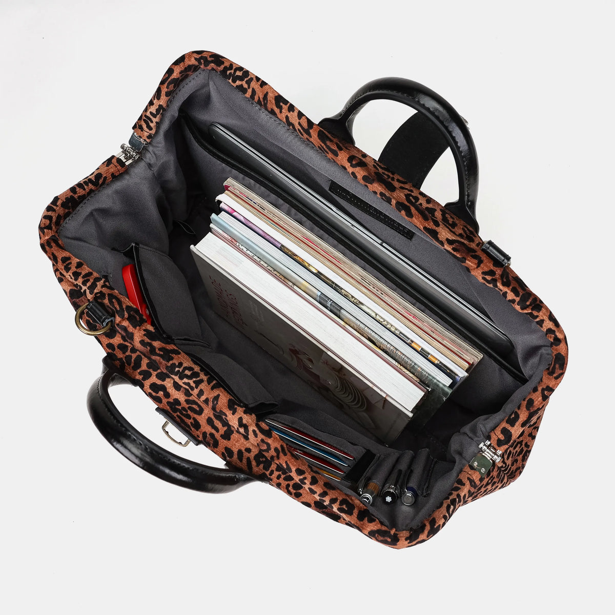 Leopard Classic Laptop Work Bag Carpetbag of America in use