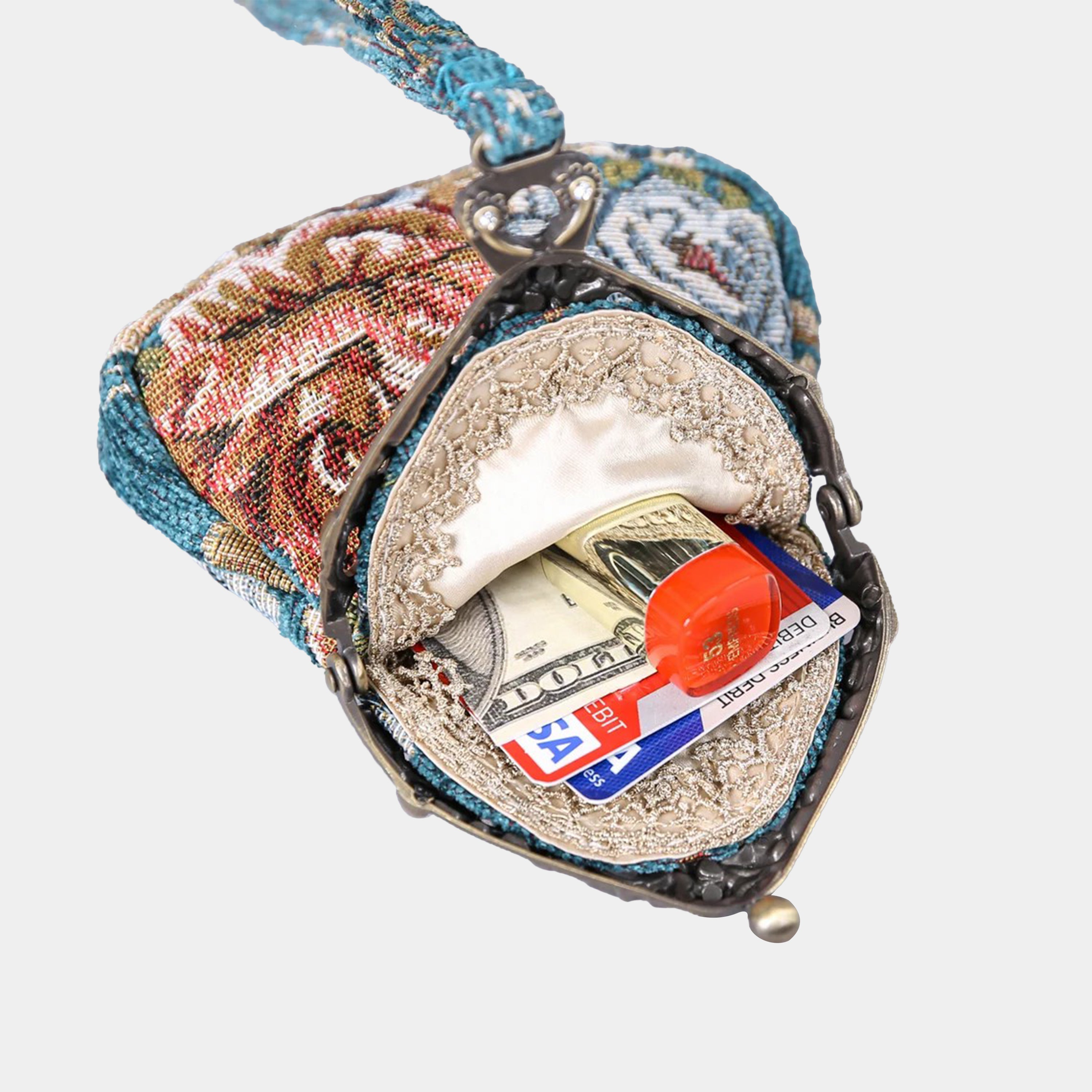 Floral Teal Chatelaine Purse Wristlet Bag carpet bag MCW Handmade-2