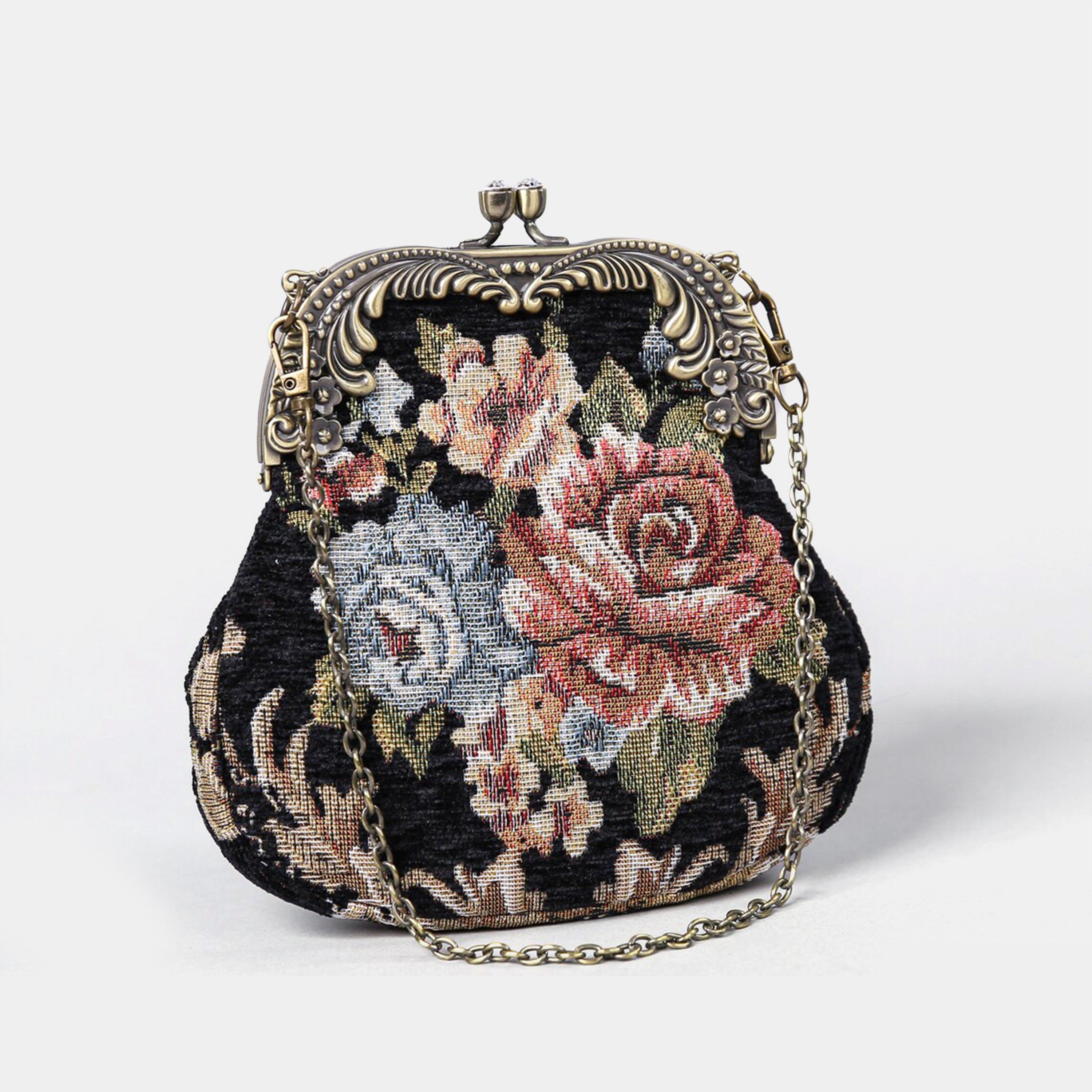 Floral Black Chatelaine Purse Medium carpet bag MCW Handmade