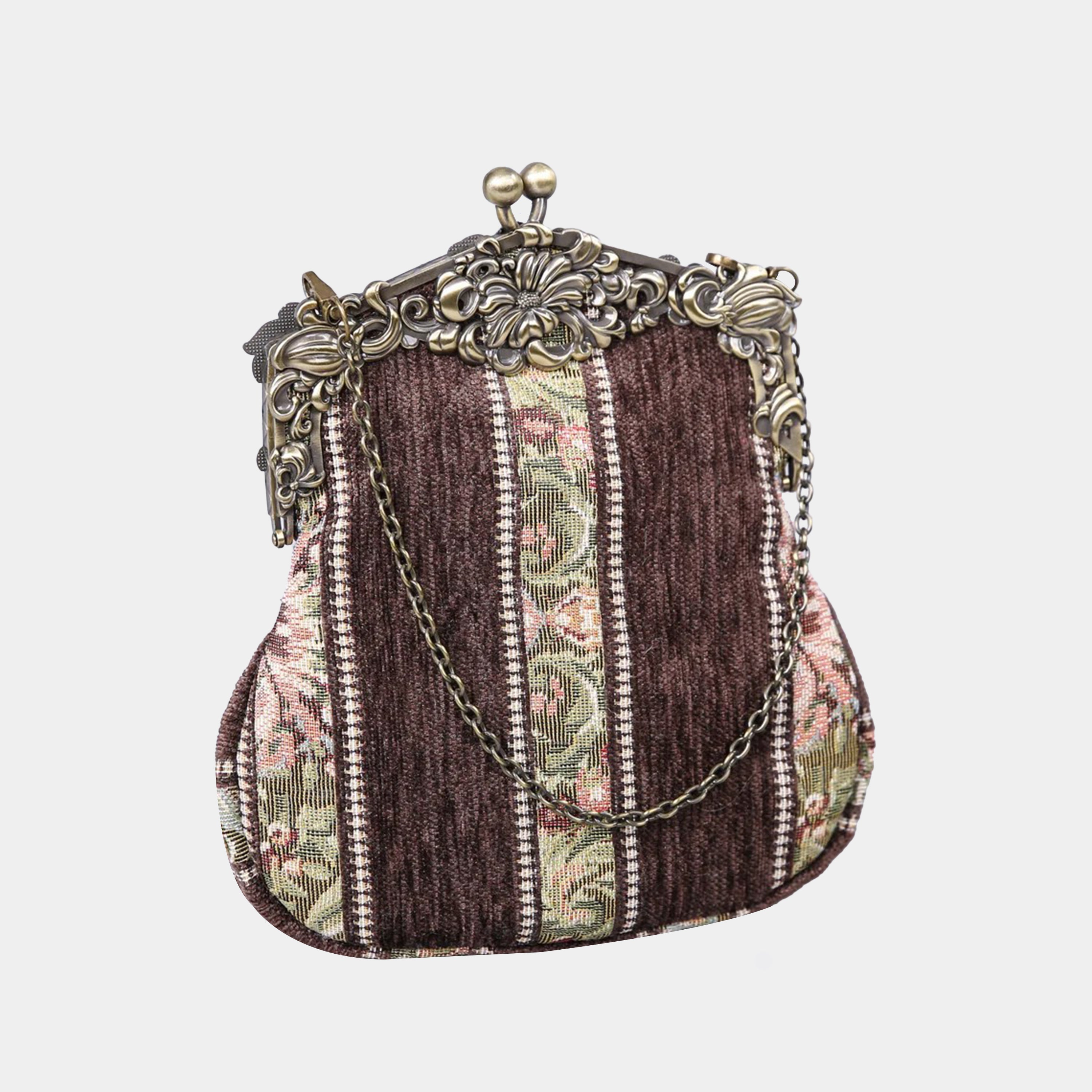 Floral Stripes Brown Chatelaine Purse Large carpet bag MCW Handmade
