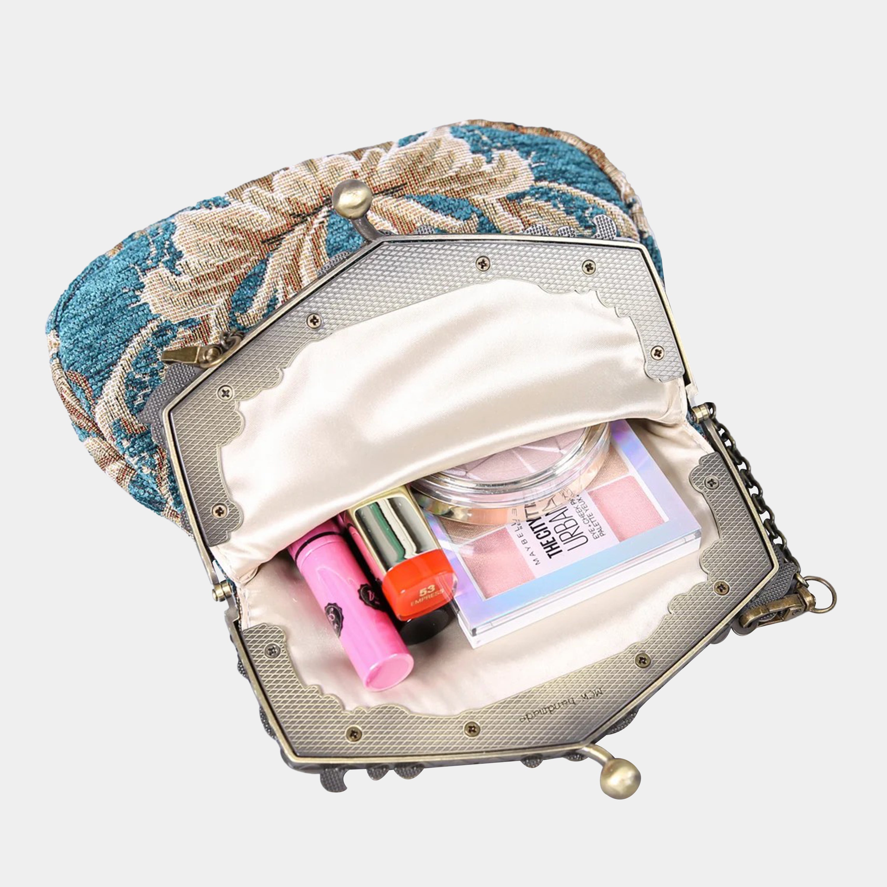 Floral Teal Chatelaine Purse Large carpet bag MCW Handmade-3