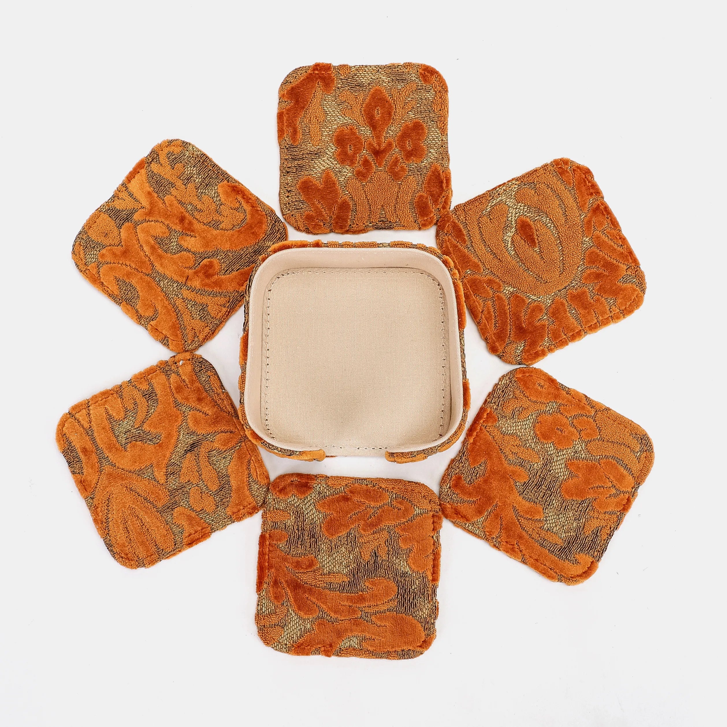Burnout Velvet Orange Square Coaster Set with holder of America 6 pcs set