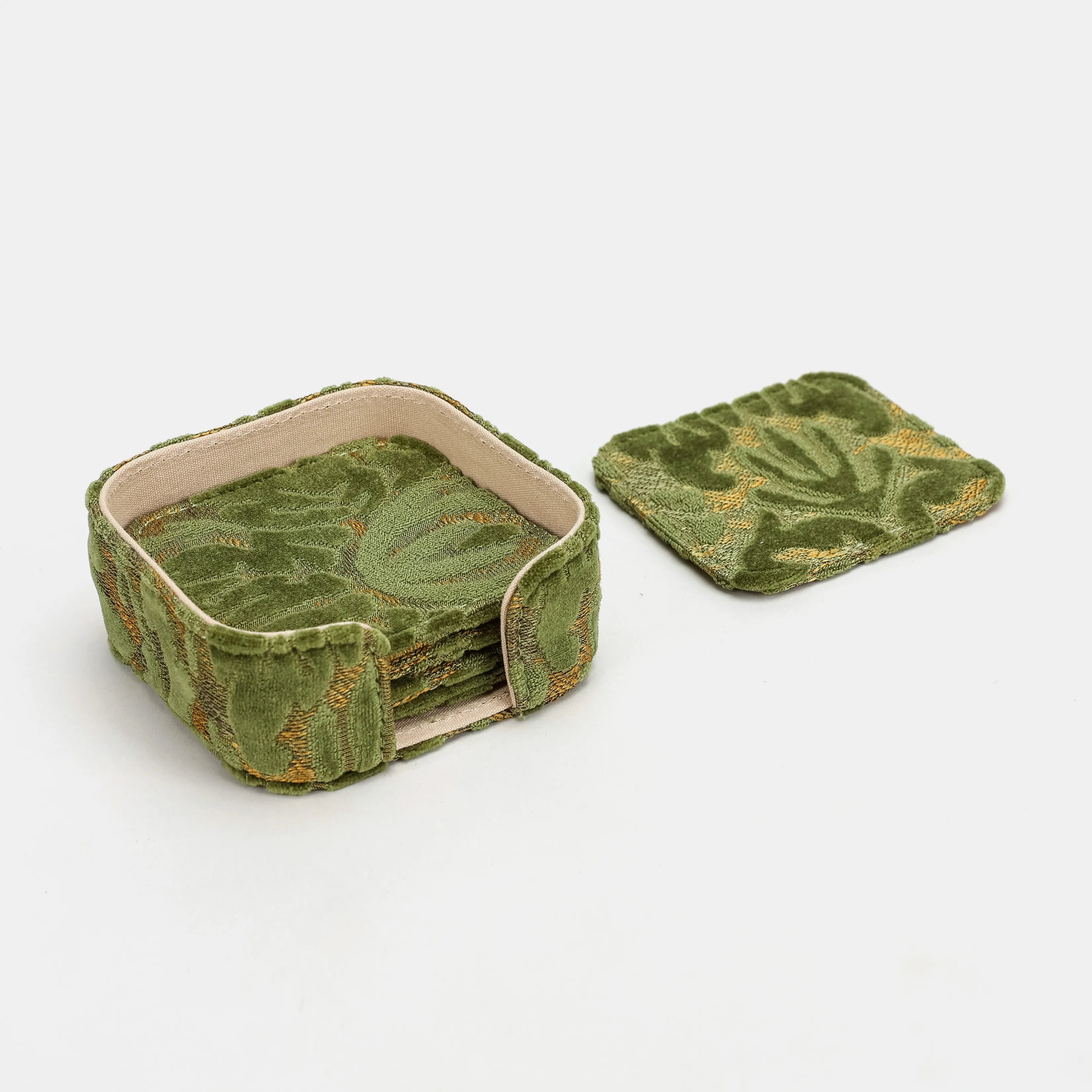 Burnout Velvet Fern Green Square Coaster Set with holder of America details