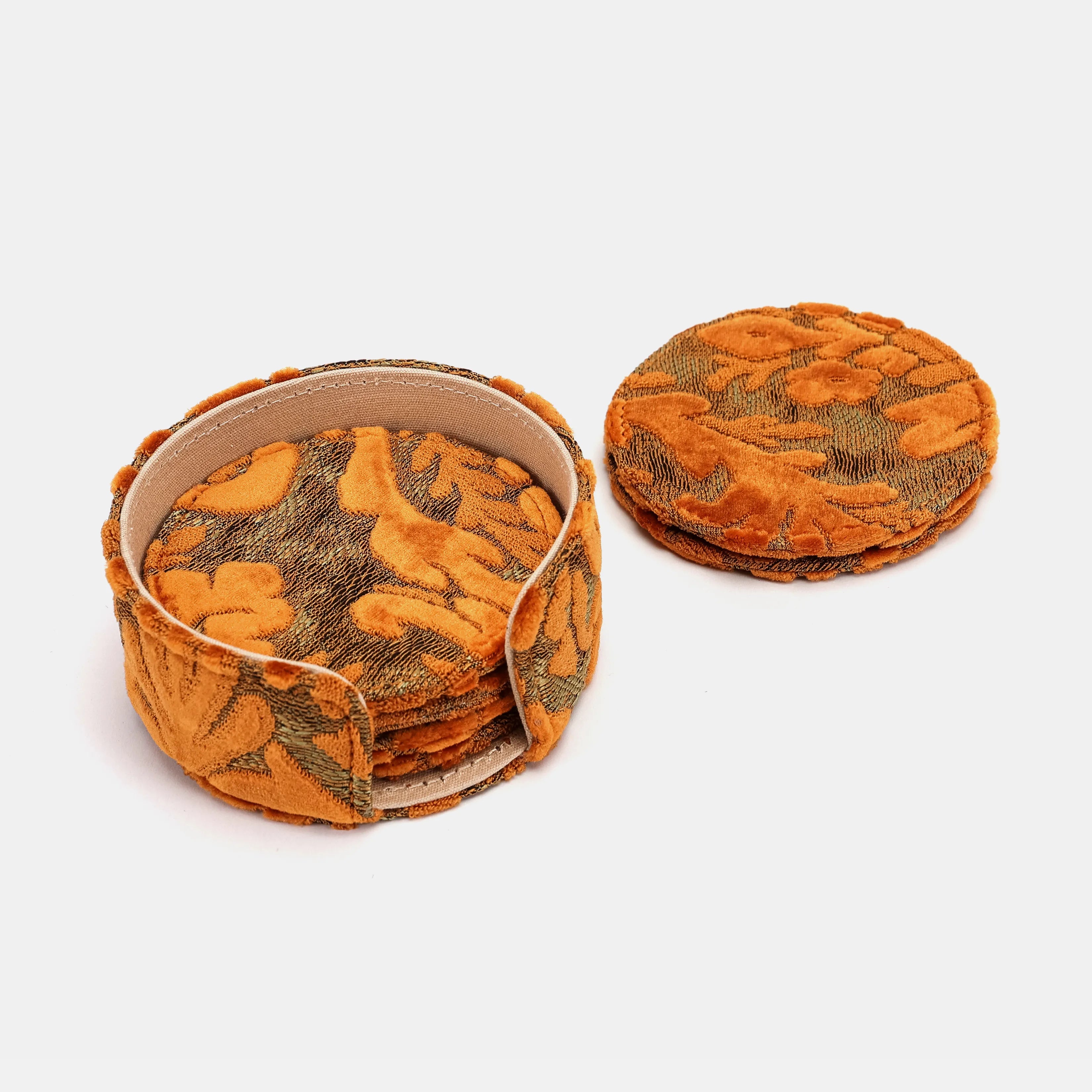 Burnout Velvet Orange Round Coaster Set with Holder of America-details