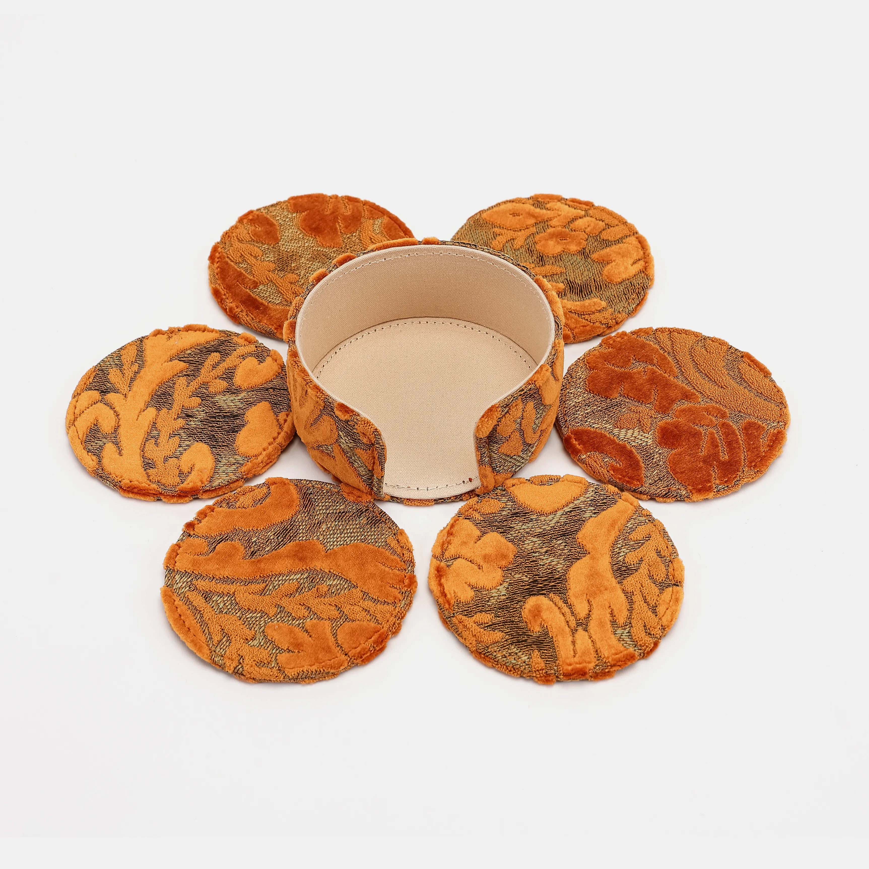 Burnout Velvet Orange Round Coaster Set with Holder of America-costers and holder
