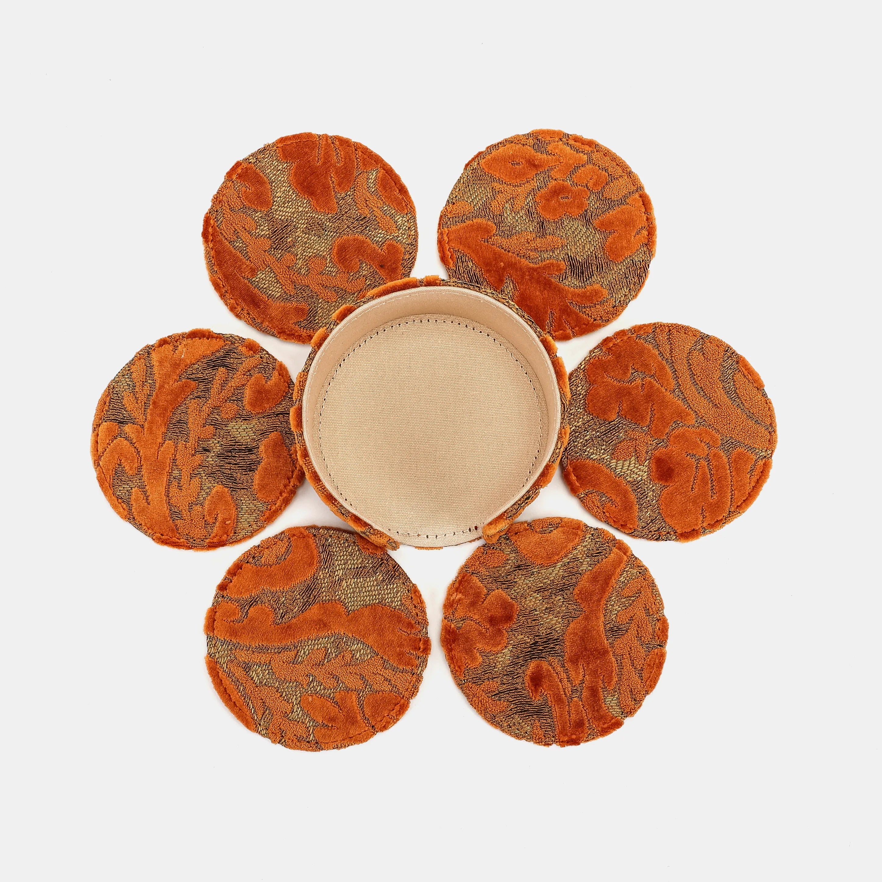 Burnout Velvet Orange Round Coaster Set with Holder of America-6 pcs set