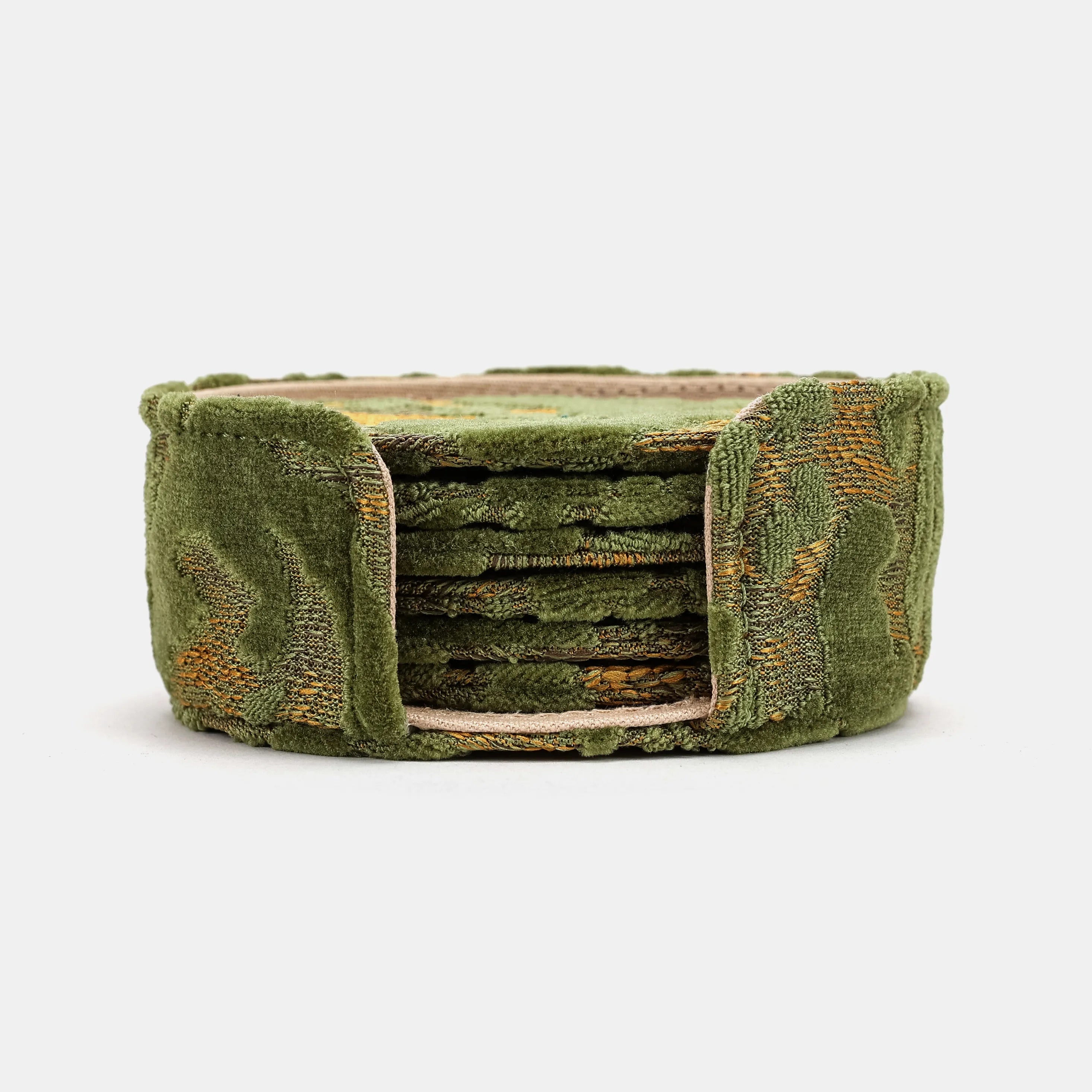 Burnout Velvet Fern Green Round Coaster Set with Holder of America-main