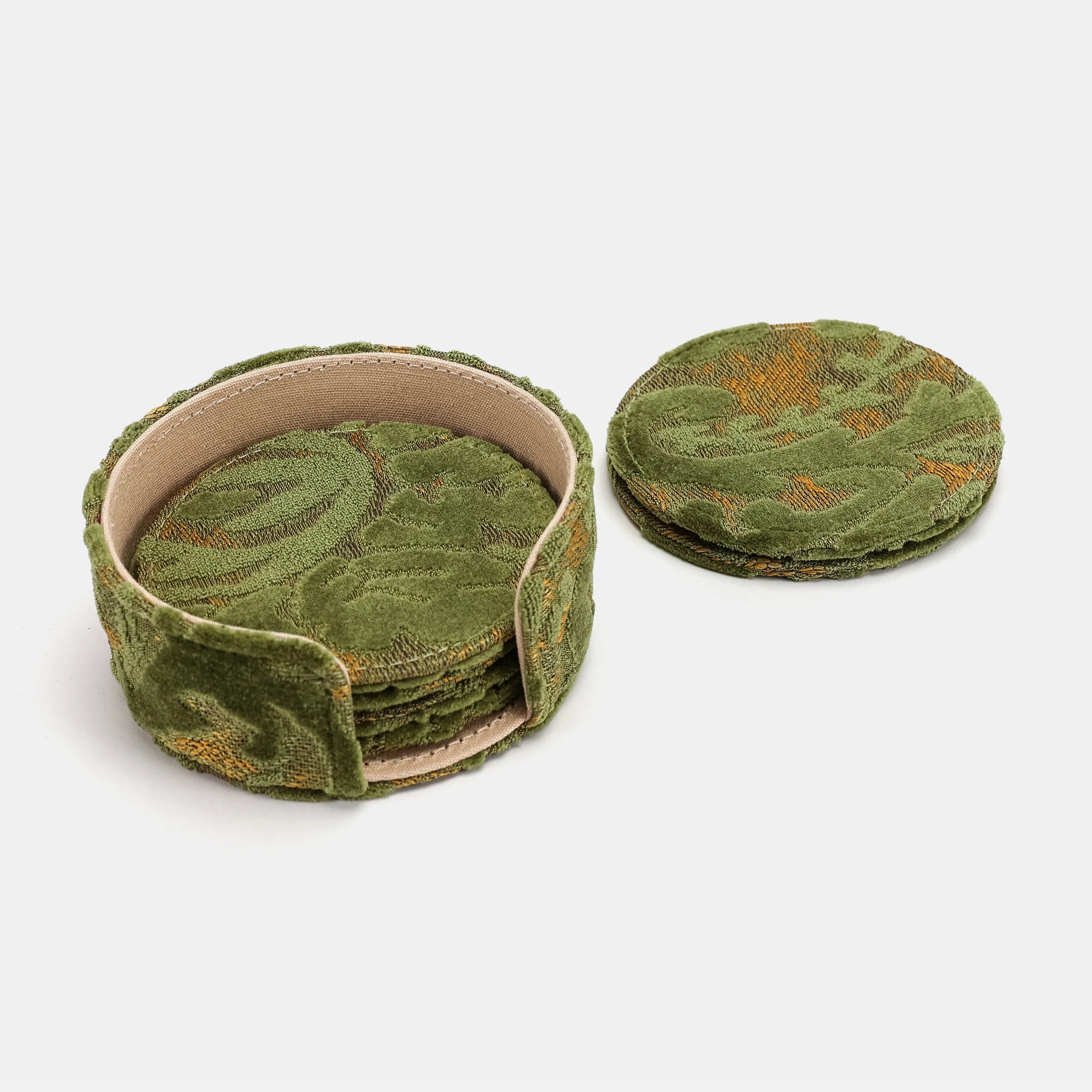 Burnout Velvet Fern Green Round Coaster Set with Holder of America-details