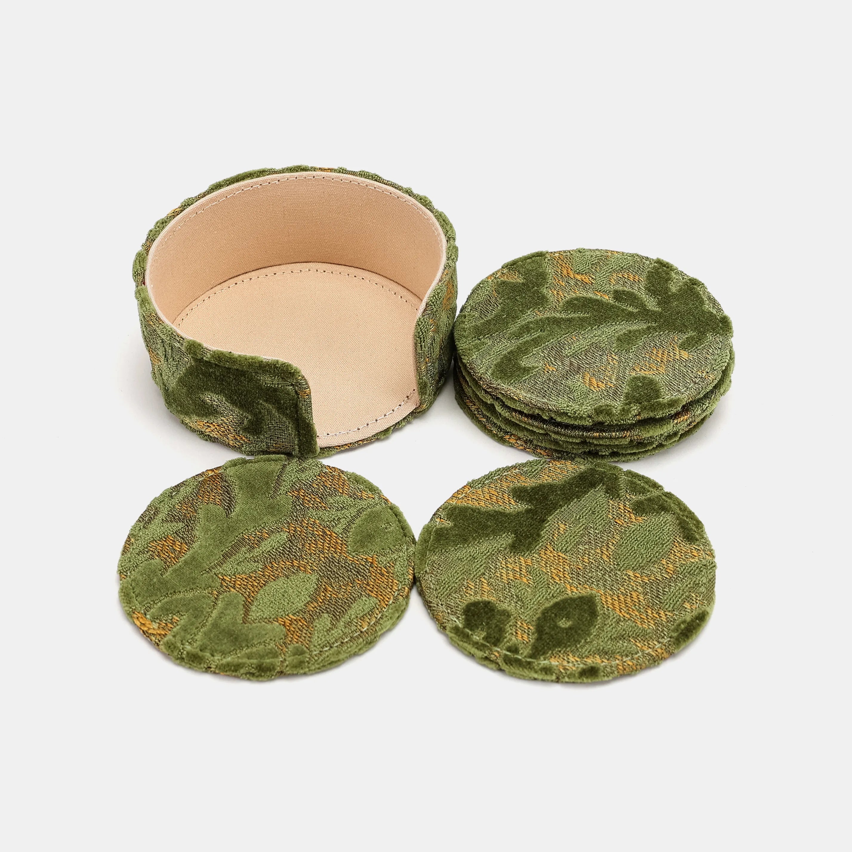 Burnout Velvet Fern Green Round Coaster Set with Holder of America-set details