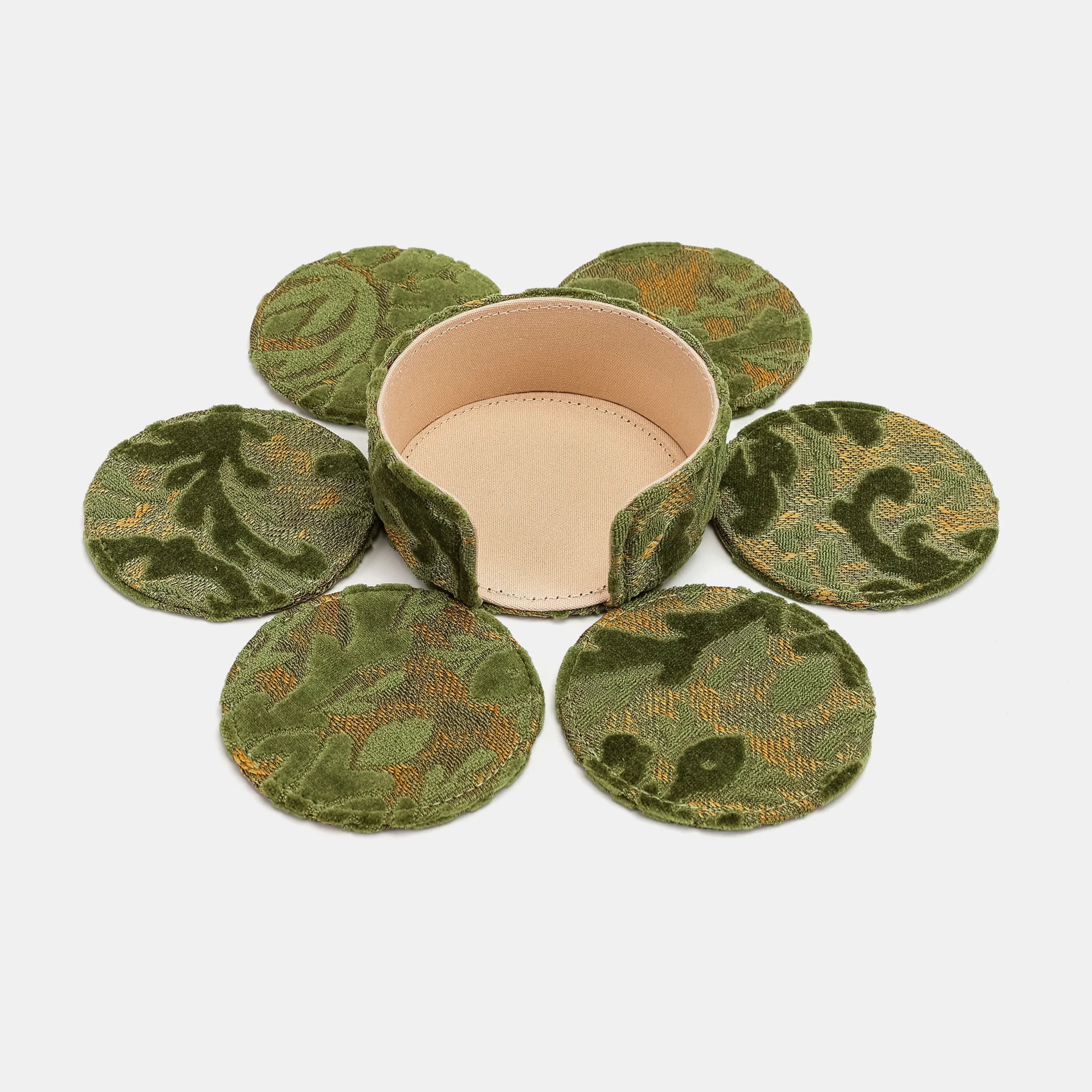 Burnout Velvet Fern Green Round Coaster Set with Holder of America-coasters and holder