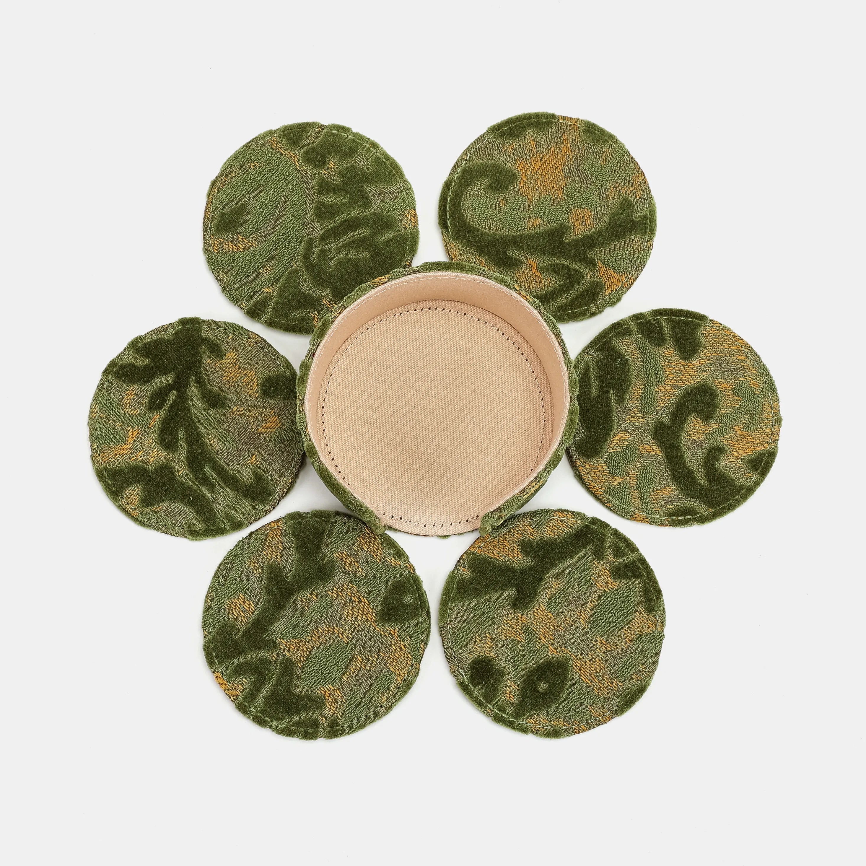 Burnout Velvet Fern Green Round Coaster Set with Holder of America-6 pcs set