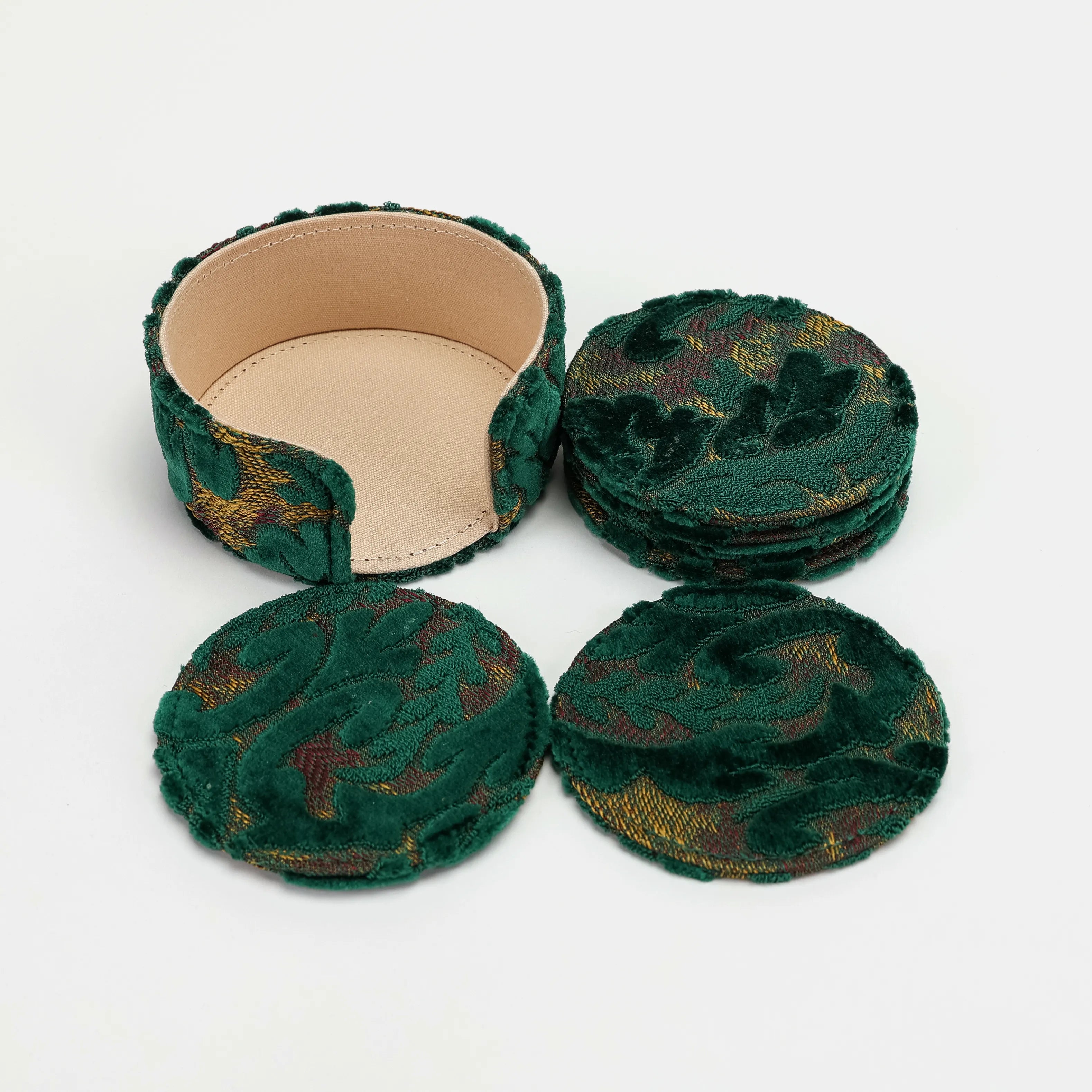 Burnout Velvet Jade Green Round Coaster Set with Holder of America-set details