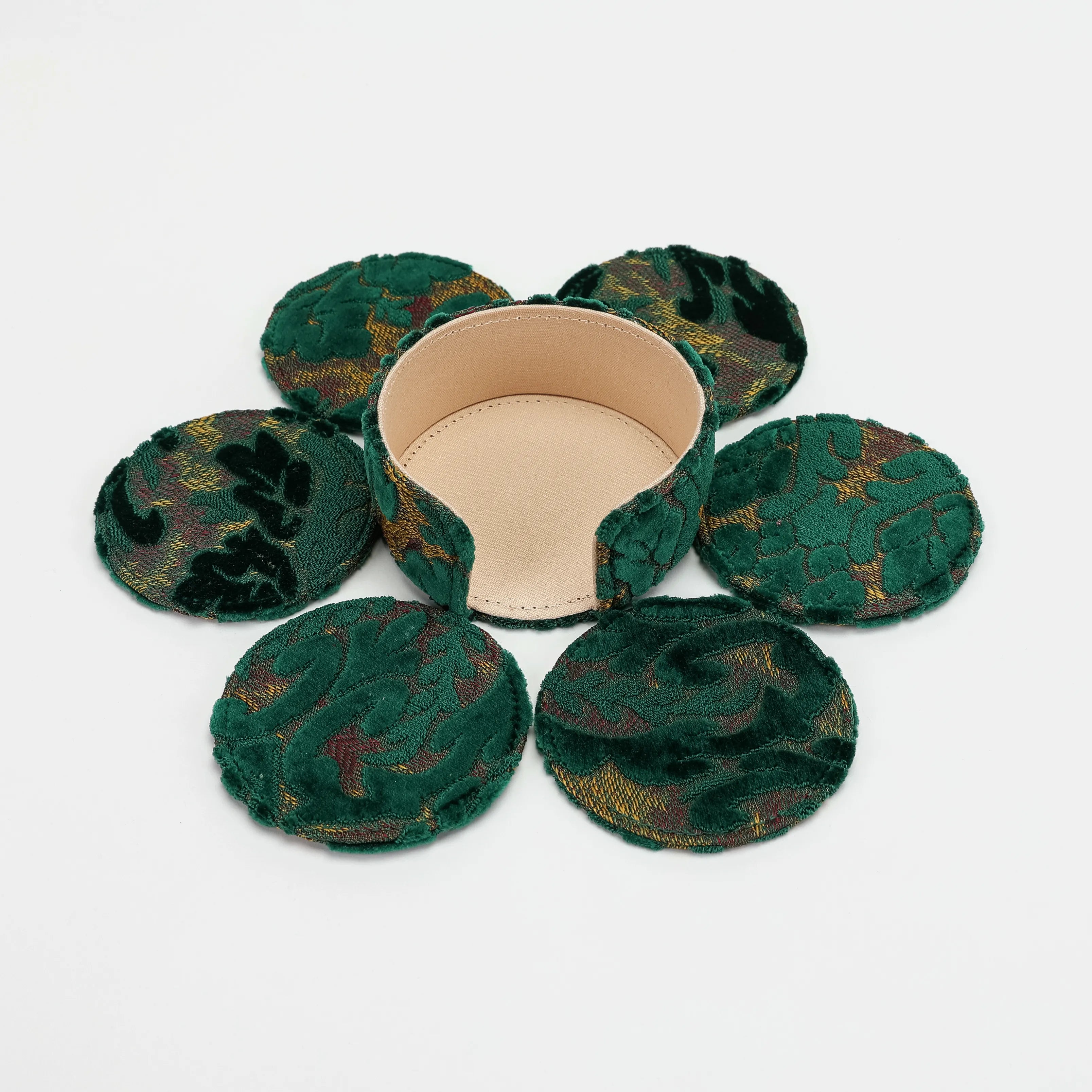 urnout Velvet Jade Green Round Coaster Set with Holder of America-coasters and holder