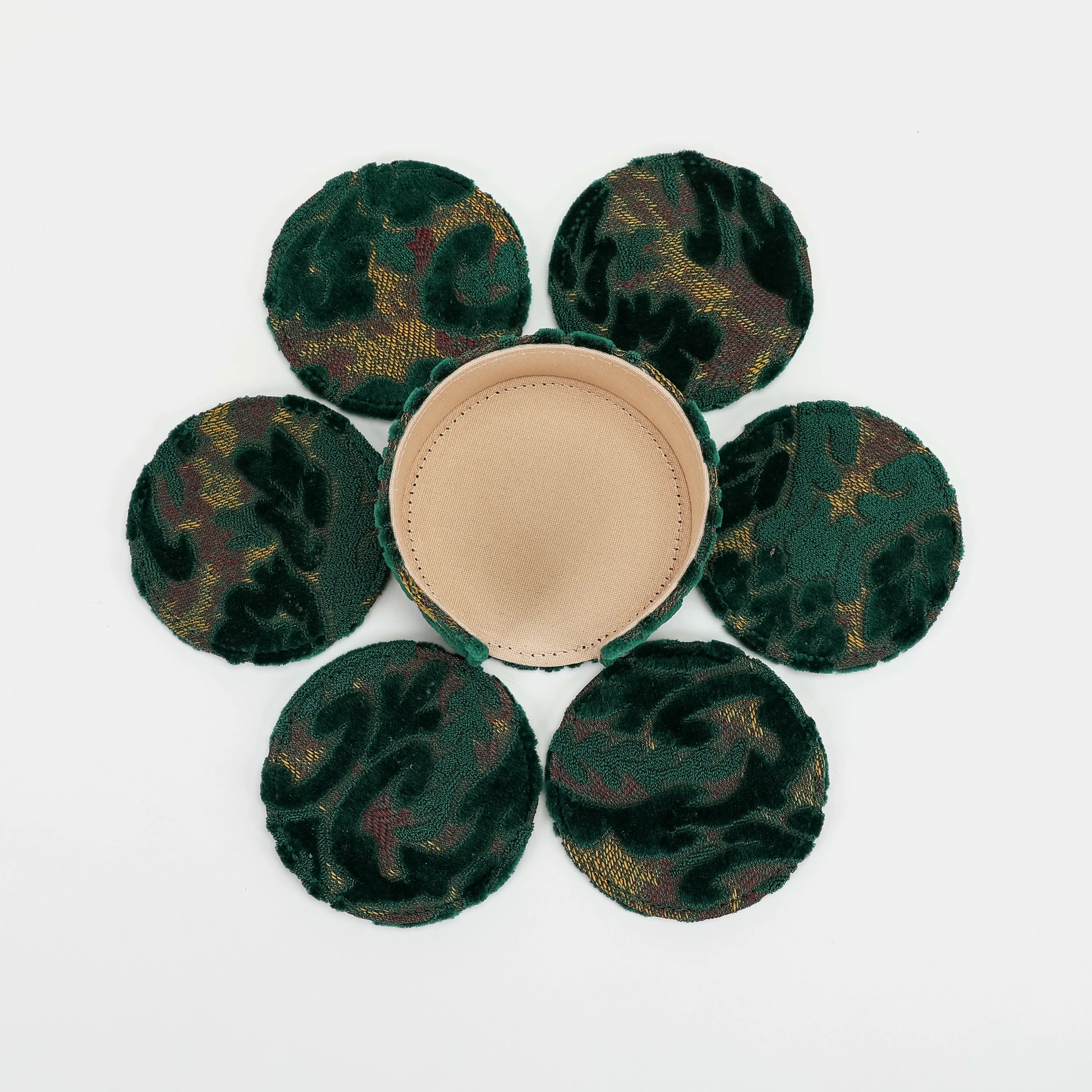 urnout Velvet Jade Green Round Coaster Set with Holder of America-6 pcs set