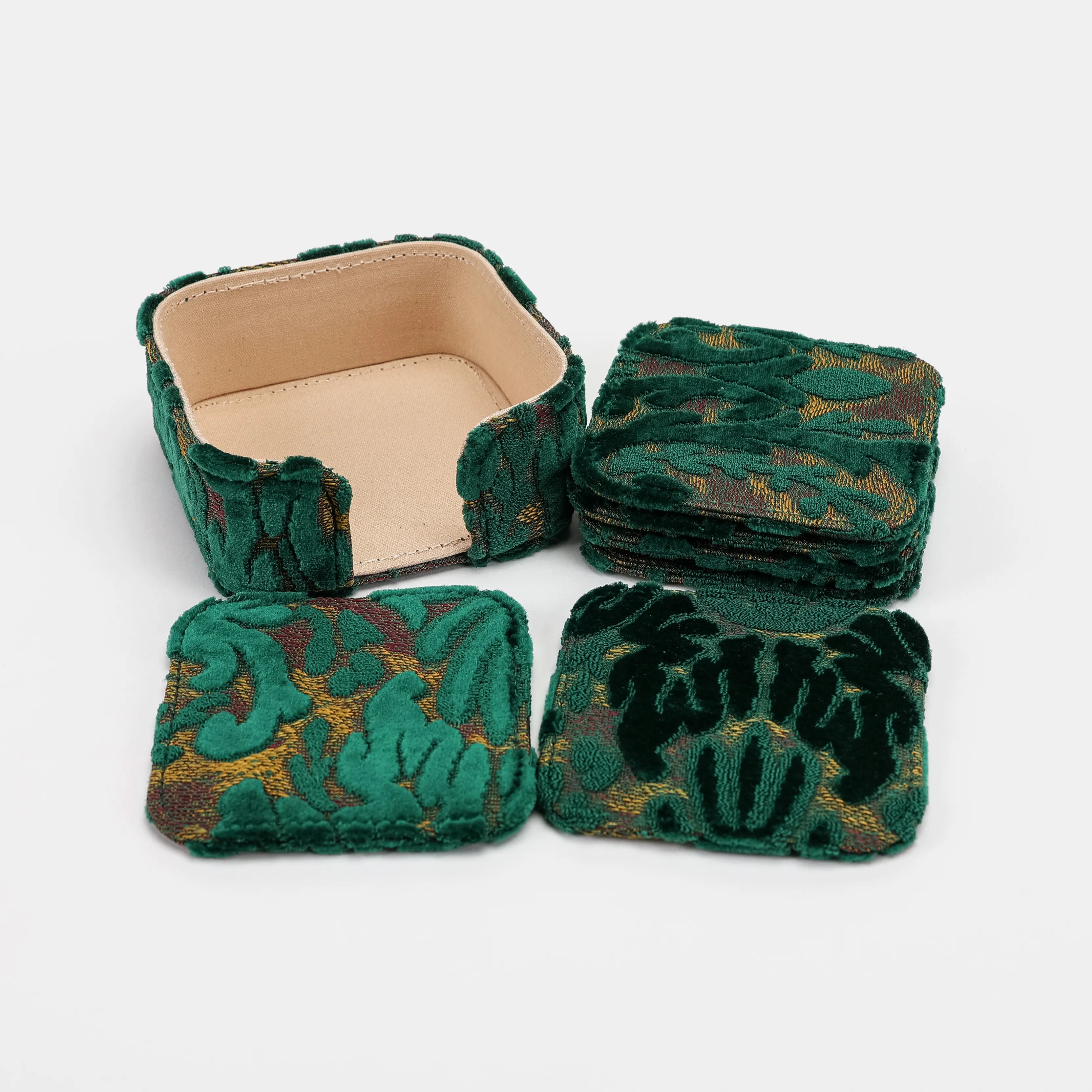 Burnout Velvet Jade Green Square Coaster Set with Holder of America-set details
