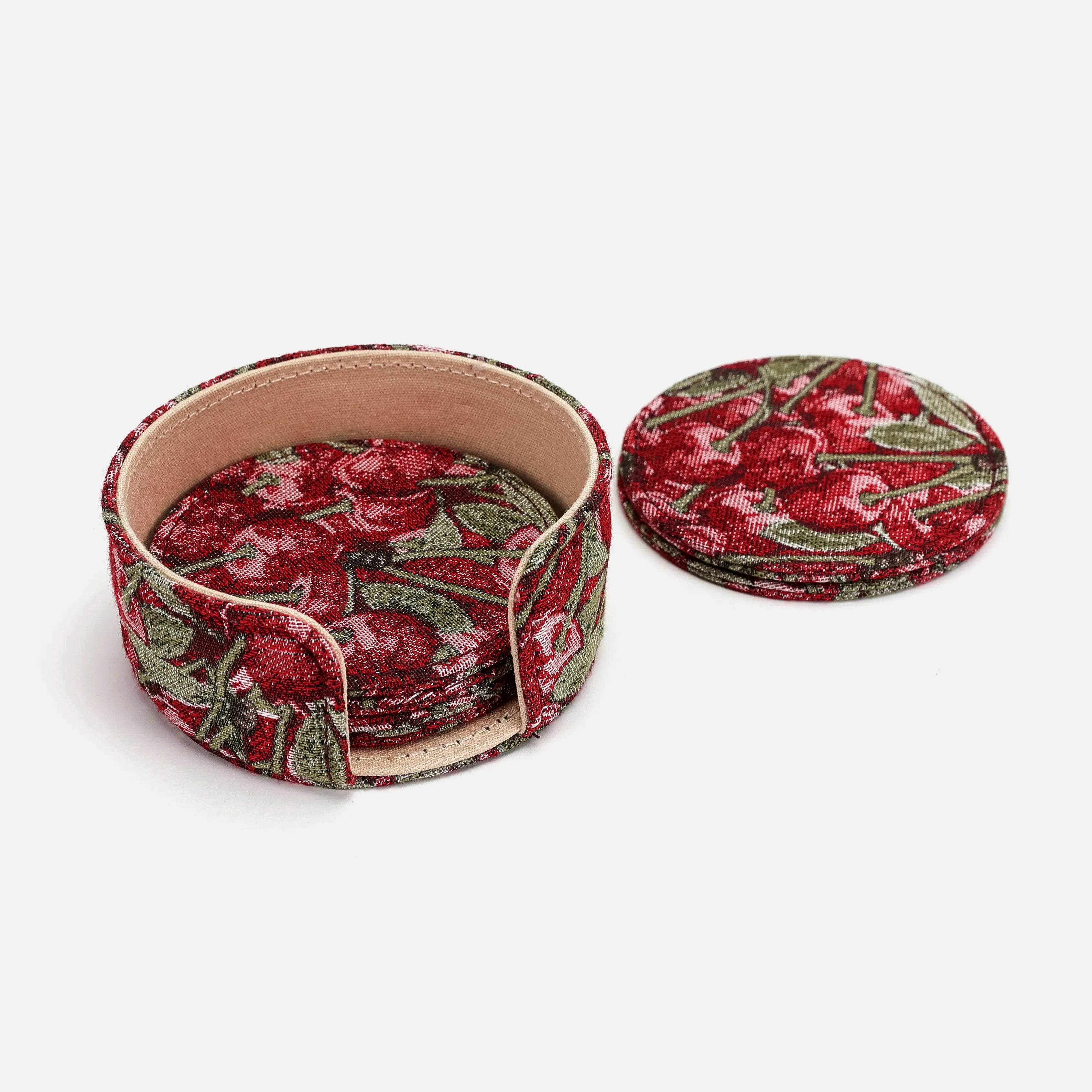 Cherry Cascade Round Coaster Set with Holder of America-details
