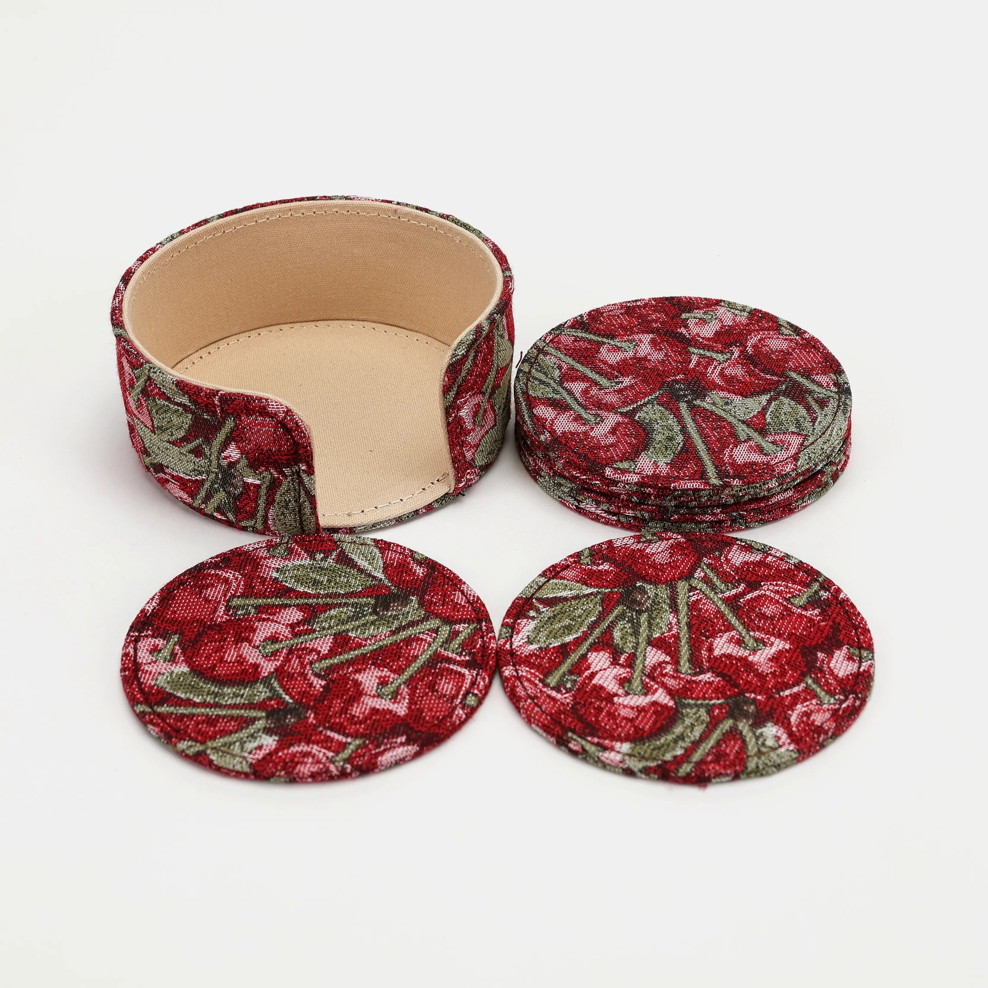 Cherry Cascade Round Coaster Set with Holder of America-set details