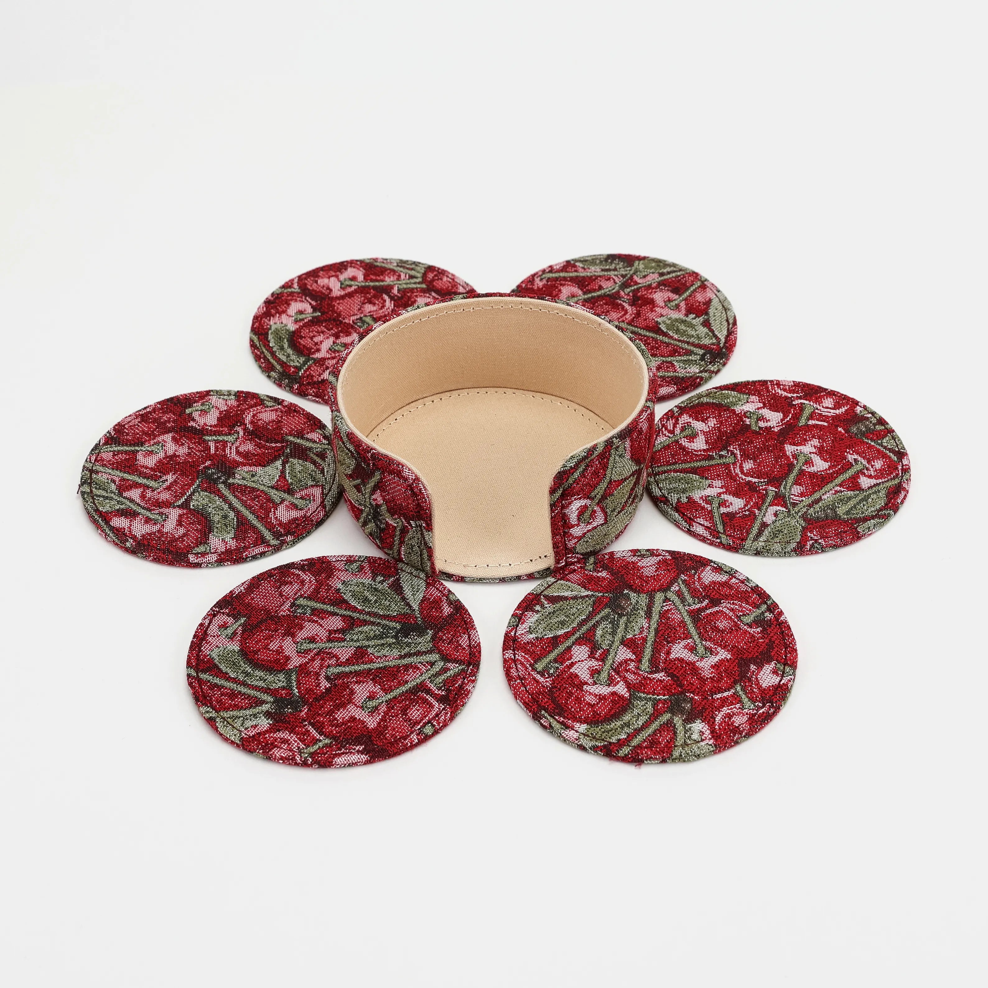 Cherry Cascade Round Coaster Set with Holder of America-6 pcs and holder