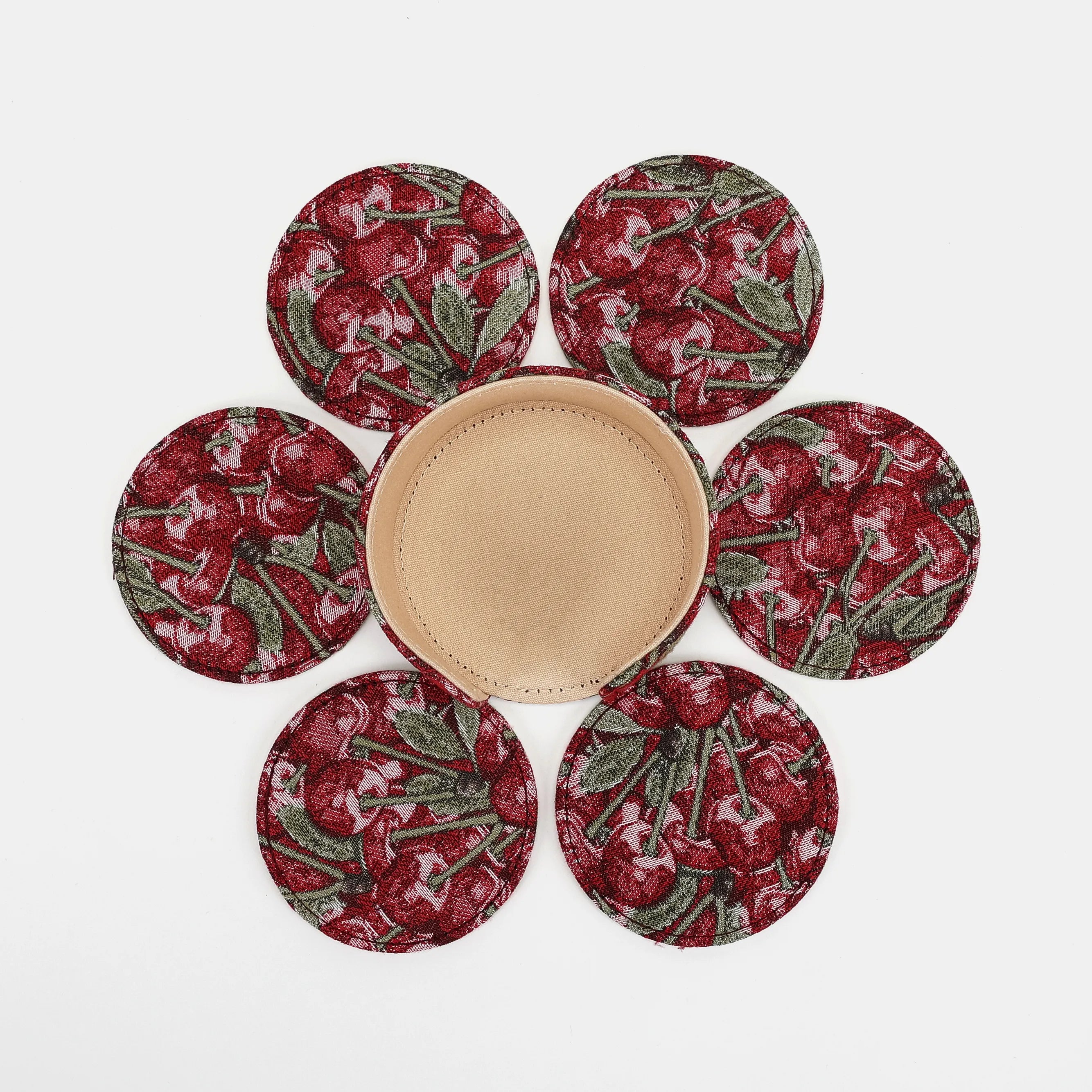 Cherry Cascade Round Coaster Set with Holder of America-6 pcs set