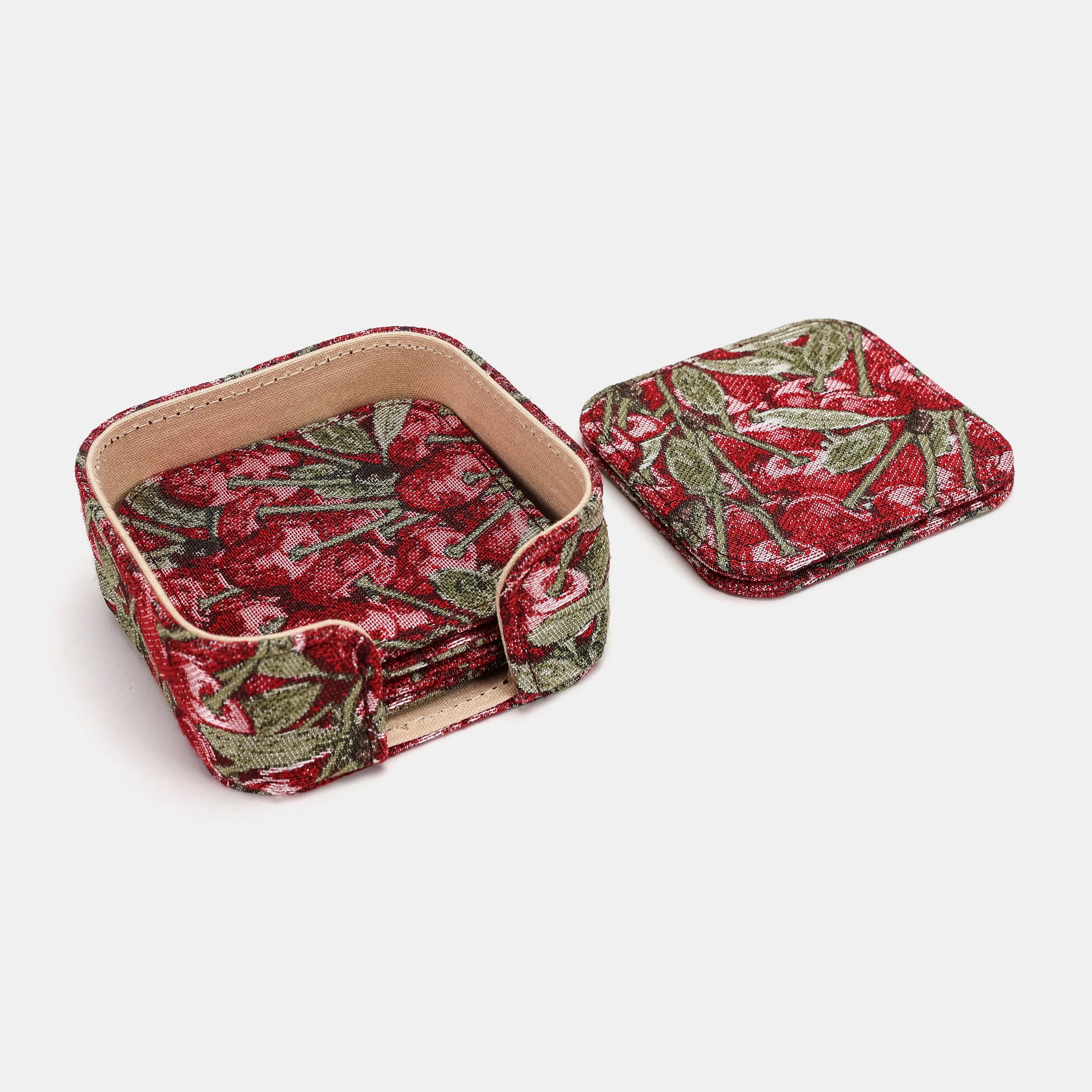 Cherry Cascade Square Coaster Set with Holder of America-details