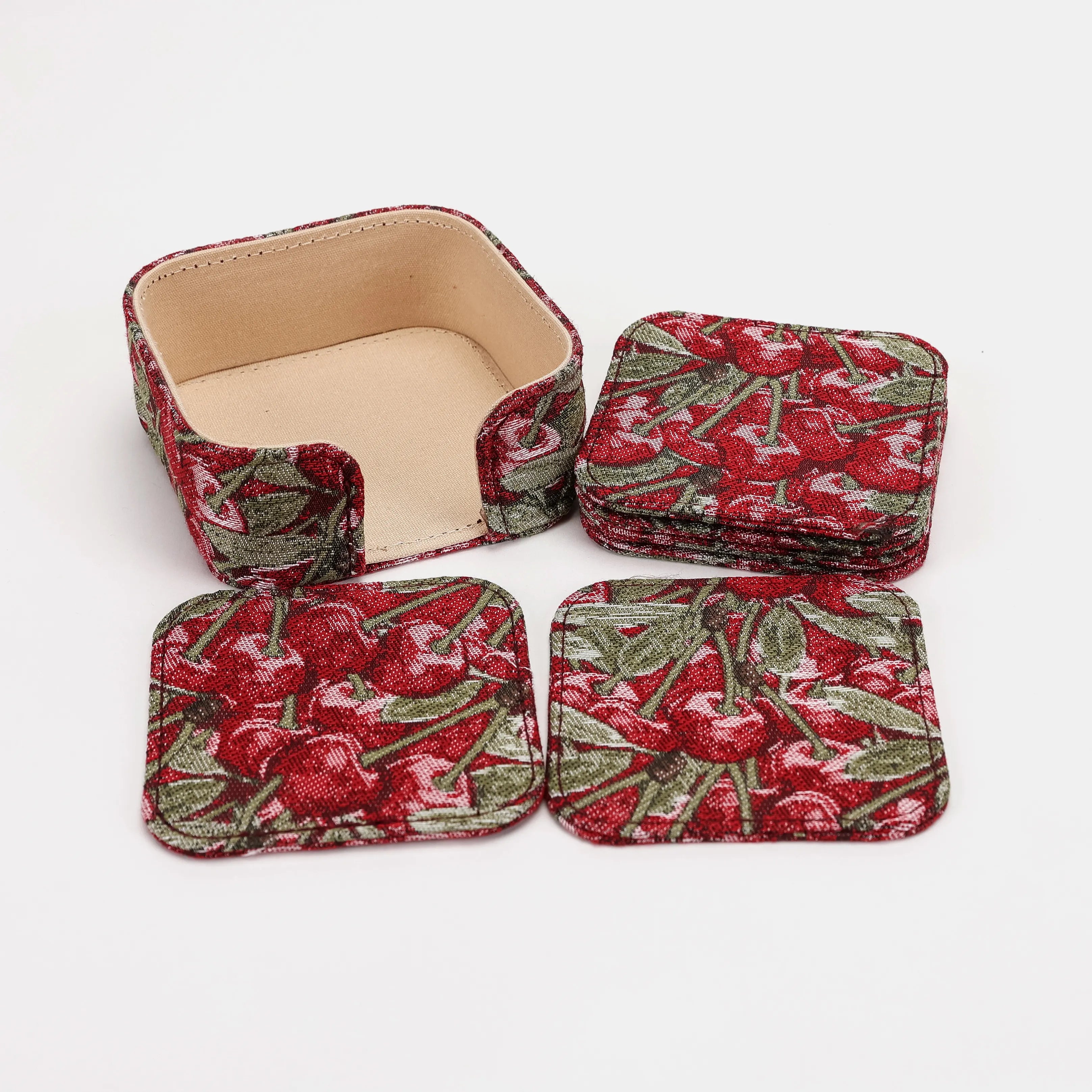 Cherry Cascade Square Coaster Set with Holder of America-set details