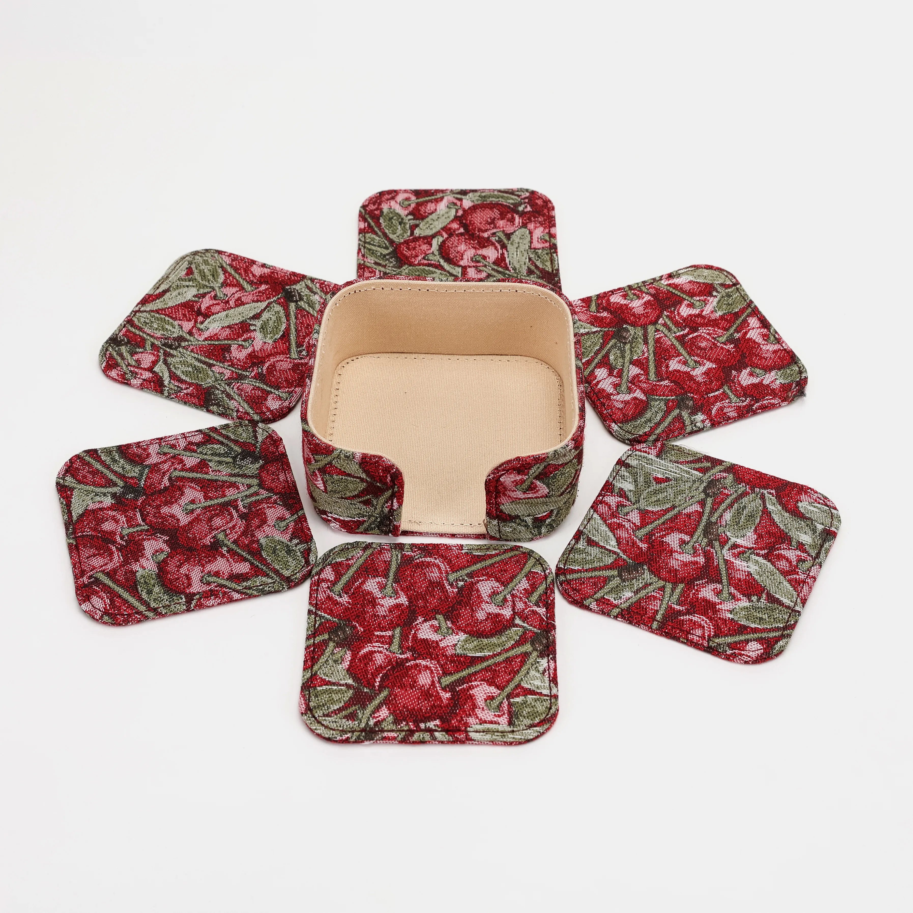 Cherry Cascade Square Coaster Set with Holder of America-6 pcs with holder