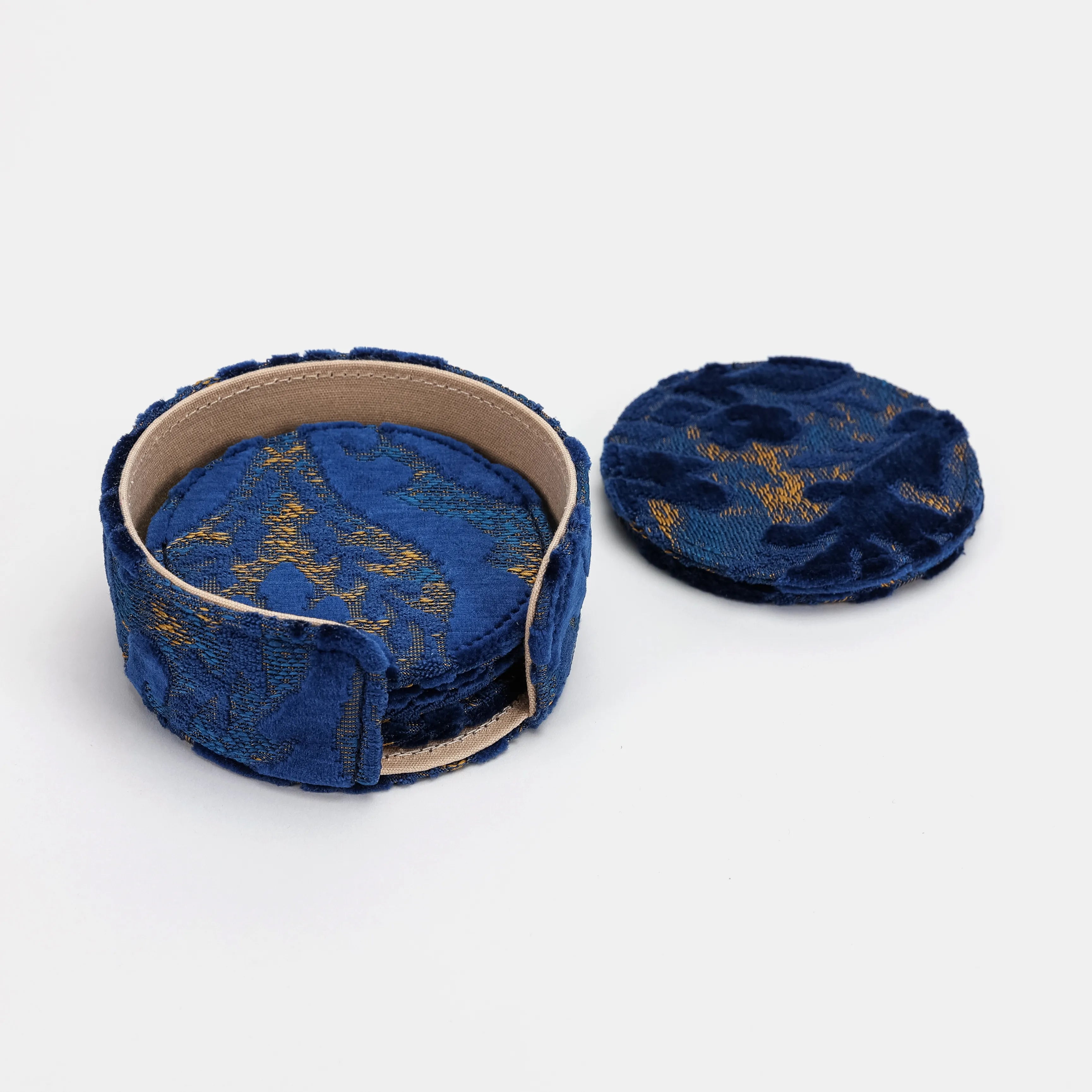 Burnout Velvet Navy Round Coaster Set with Holder of America-details