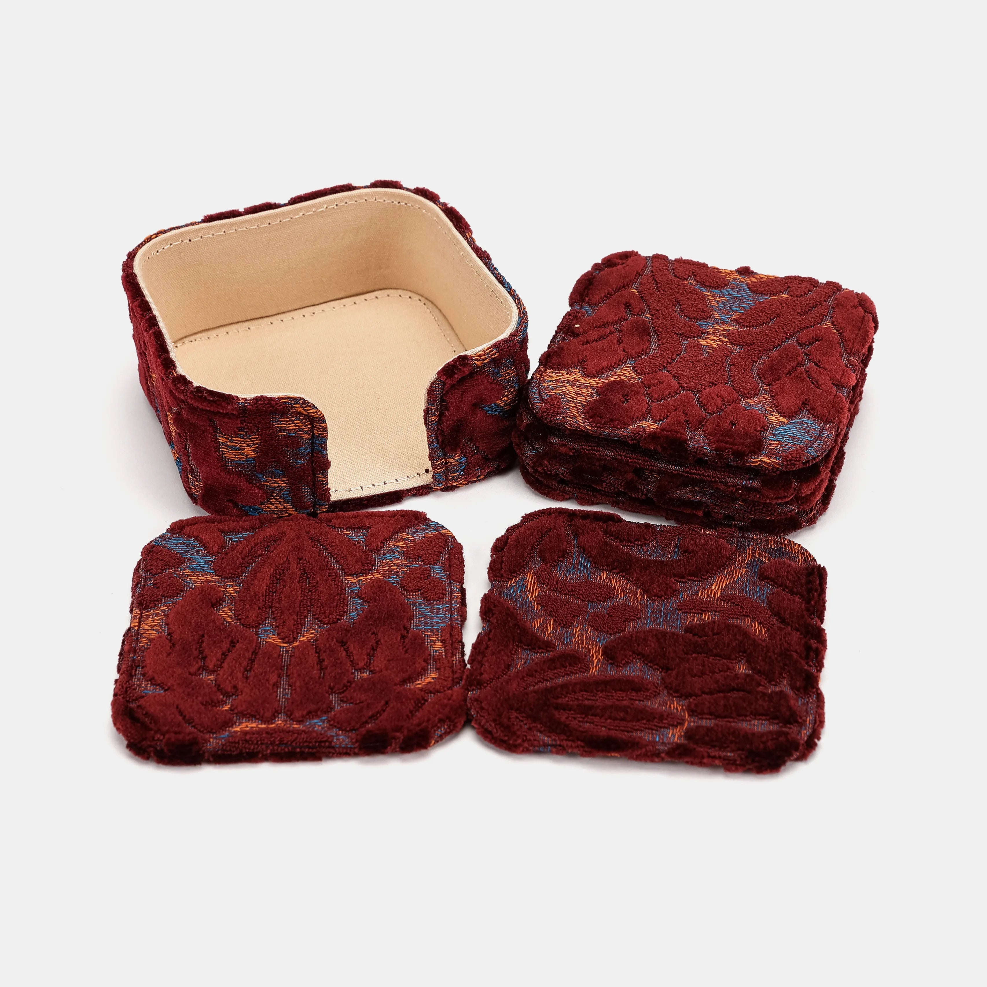 Burnout Velvet Wine Square Coaster Set with Holder of America-set details