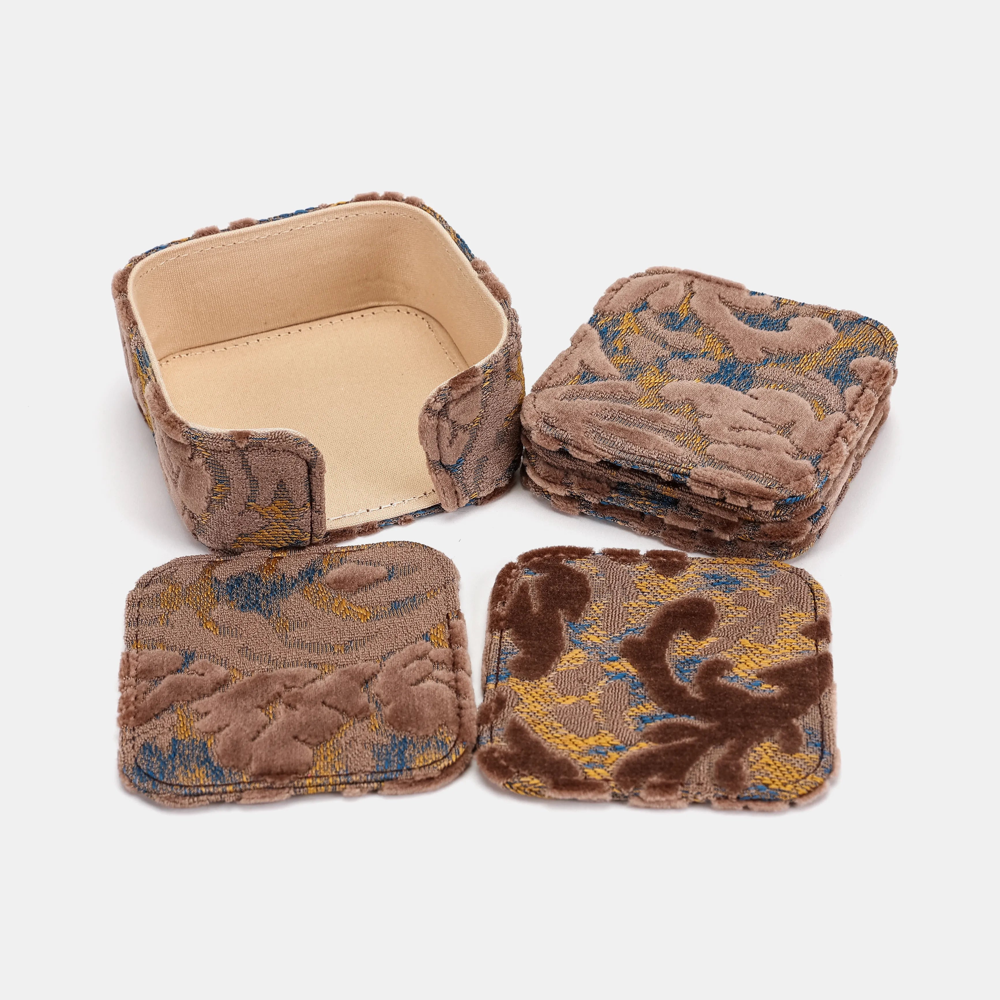 Burnout Velvet Camel Square Coaster Set with Holder of America-set details