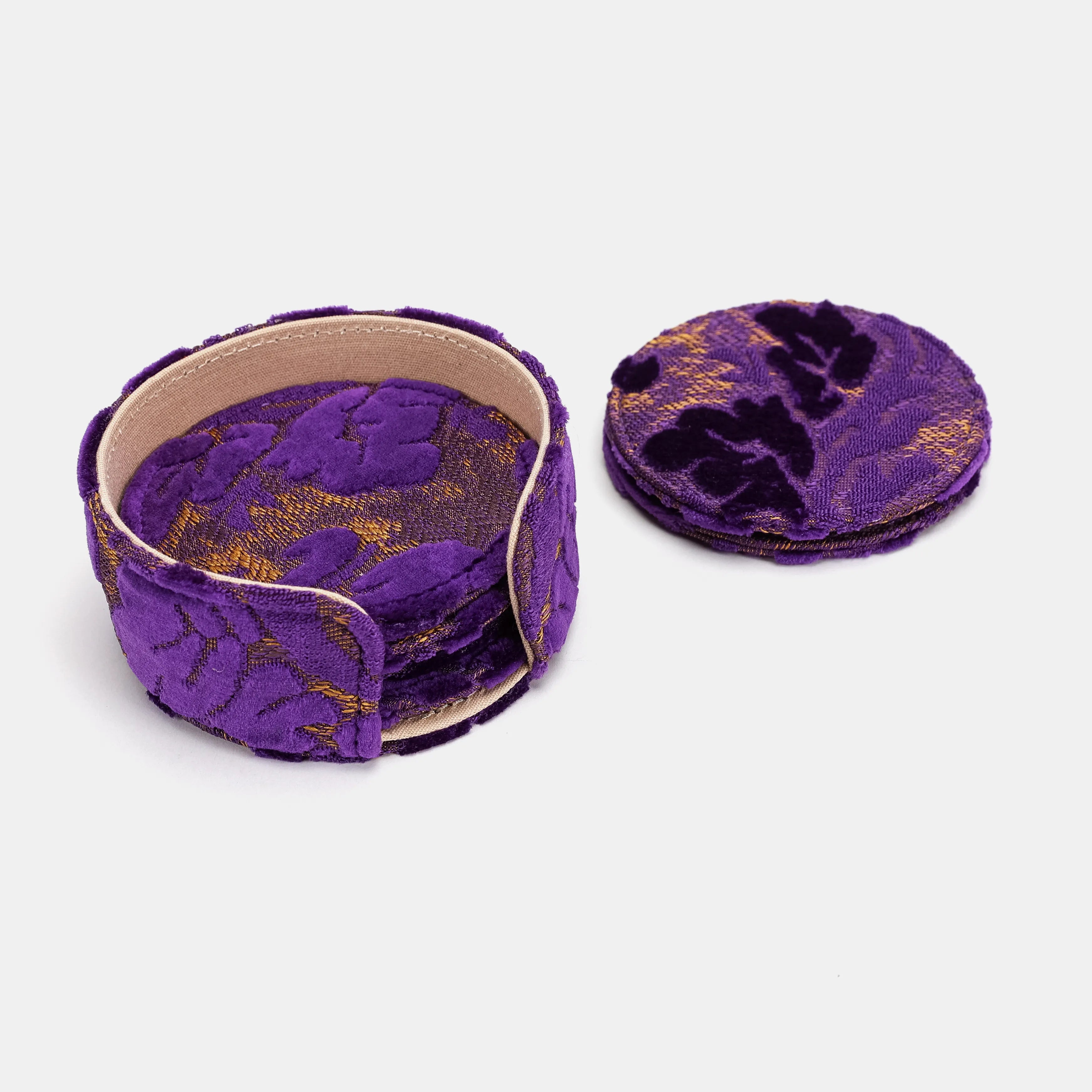 Burnout Velvet Purple Round Coaster Set with Holder of America-details