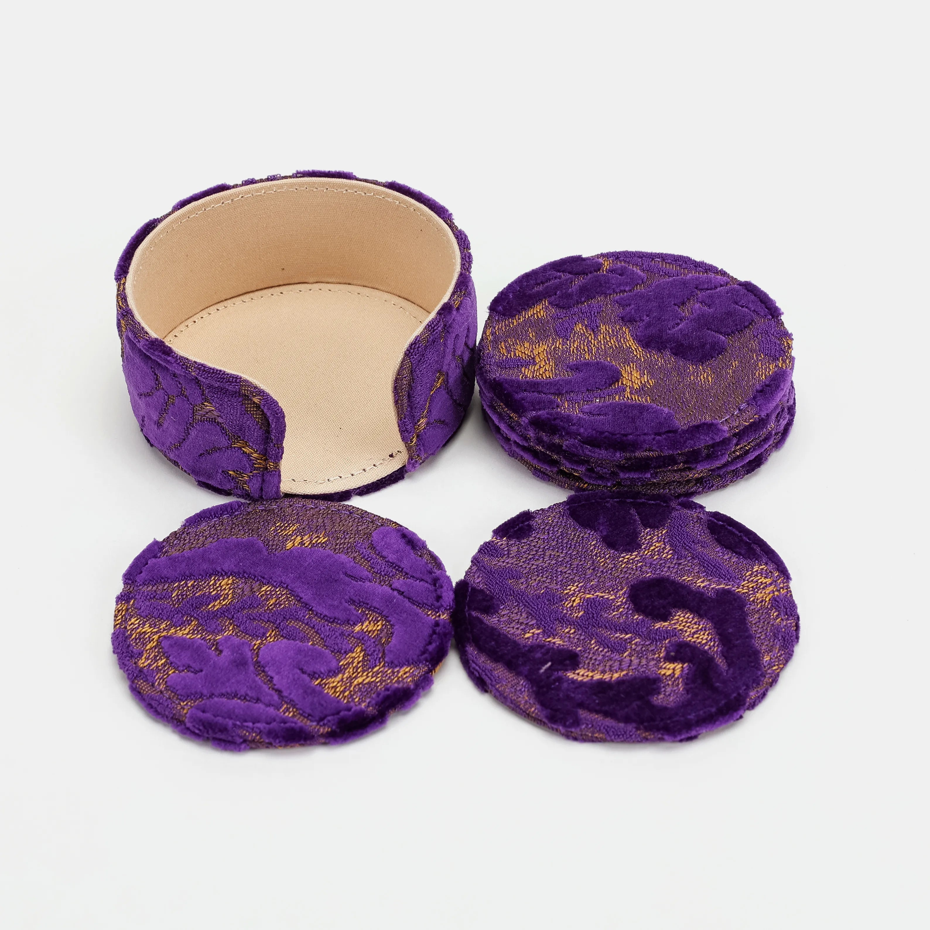 Burnout Velvet Purple Round Coaster Set with Holder of America-set details