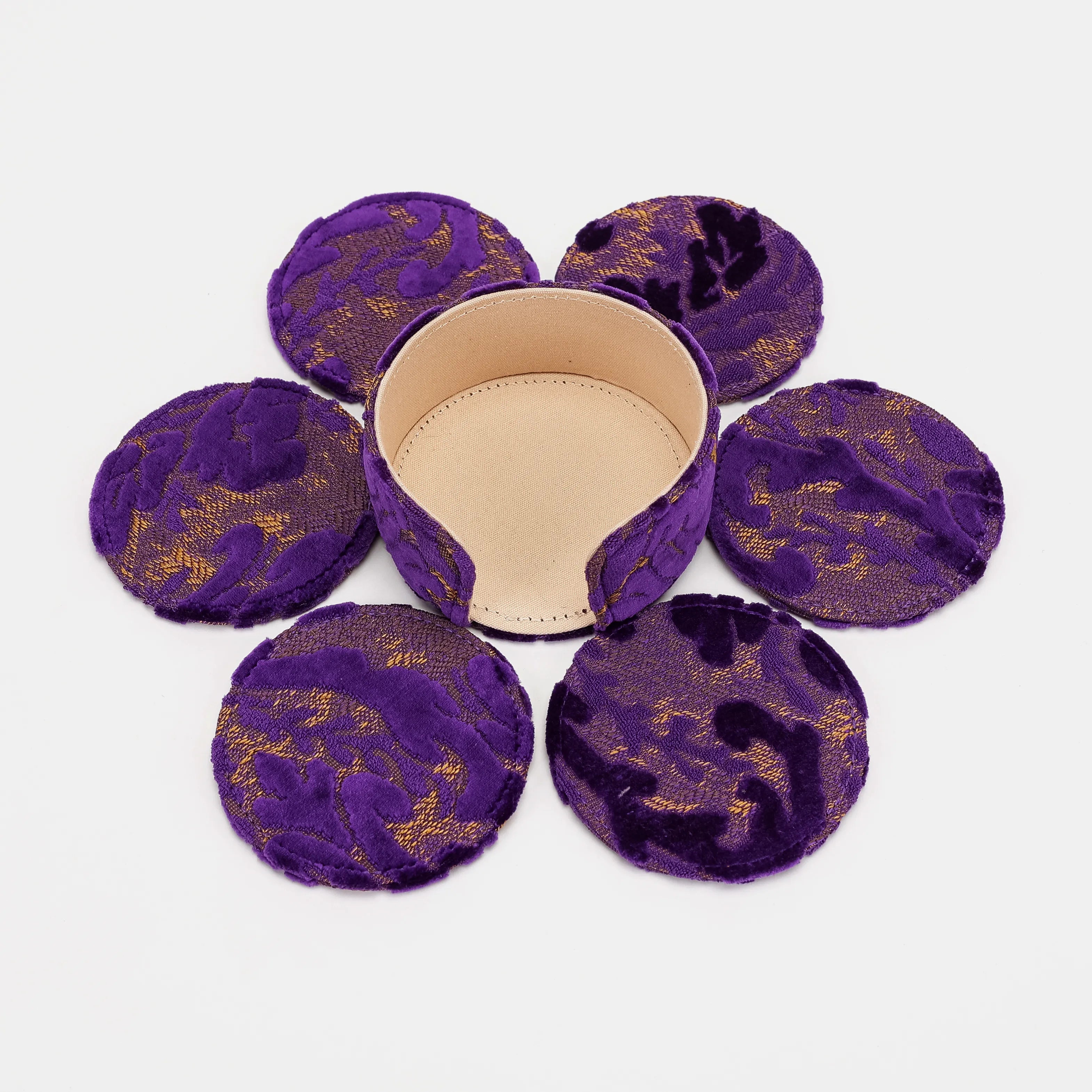 Burnout Velvet Purple Round Coaster Set with Holder of America-6 pcs with holder