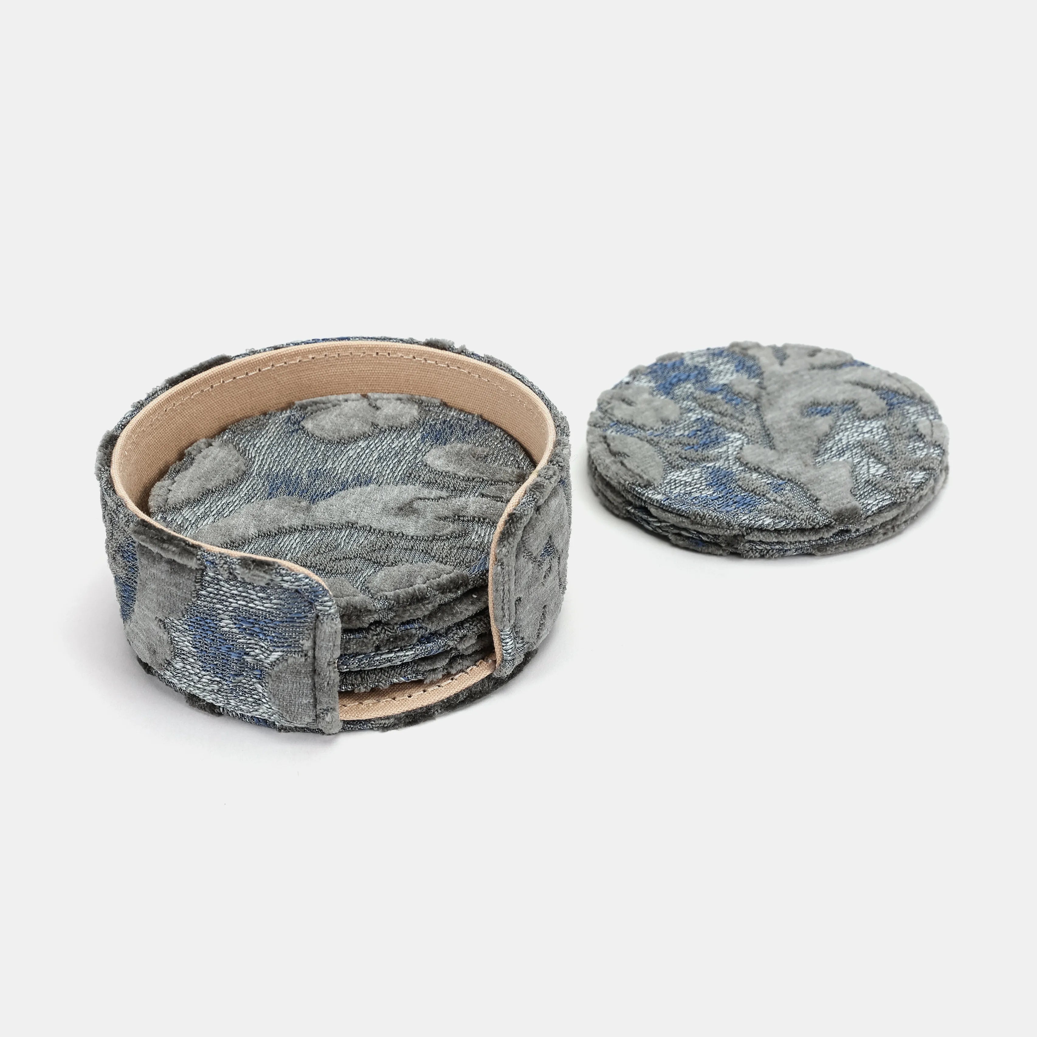 Burnout Velvet Steel Blue Round Coaster Set with Holder of America-details