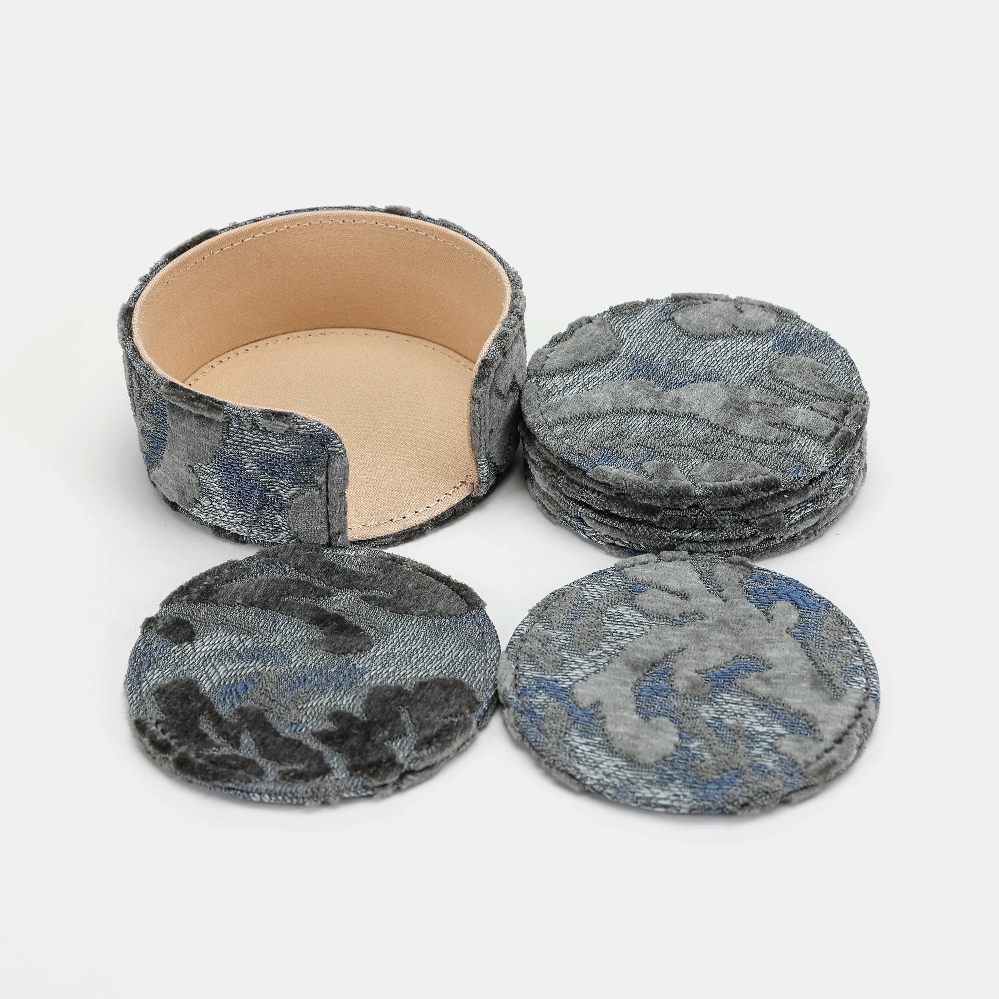 Burnout Velvet Steel Blue Round Coaster Set with Holder of America-set details