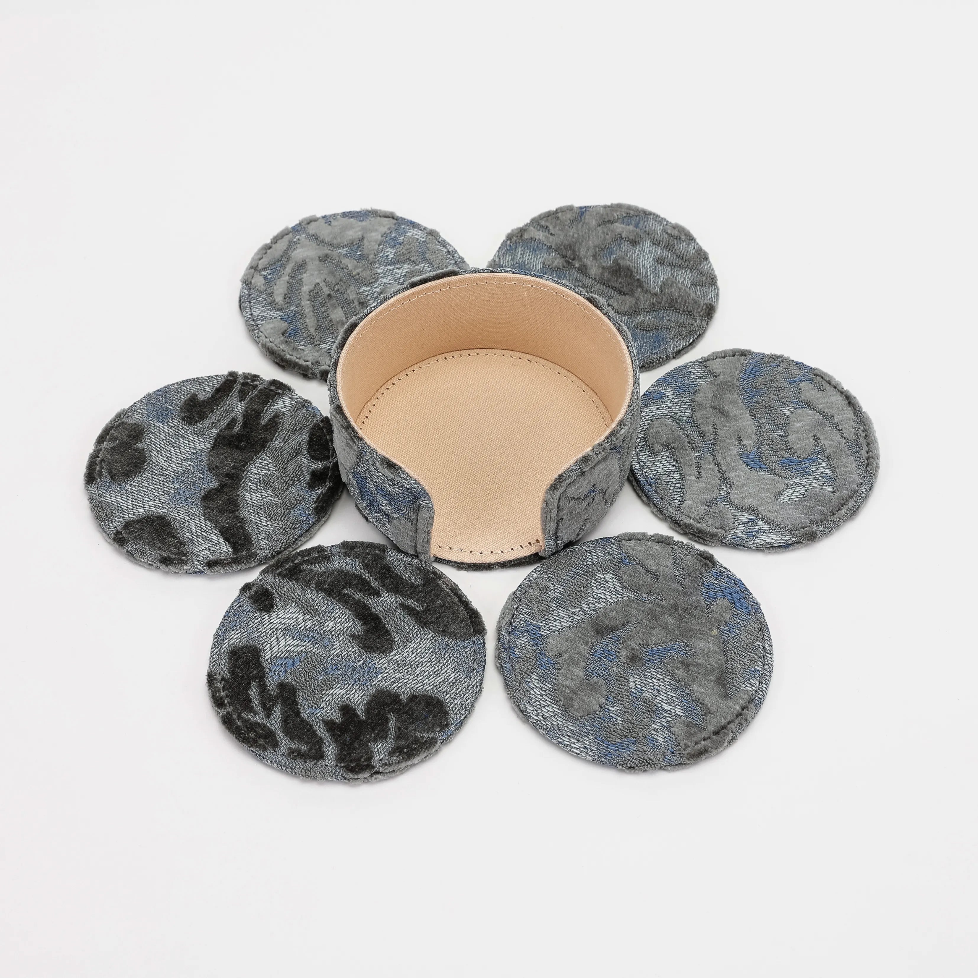 Burnout Velvet Steel Blue Round Coaster Set with Holder of America-6 pcs with holder