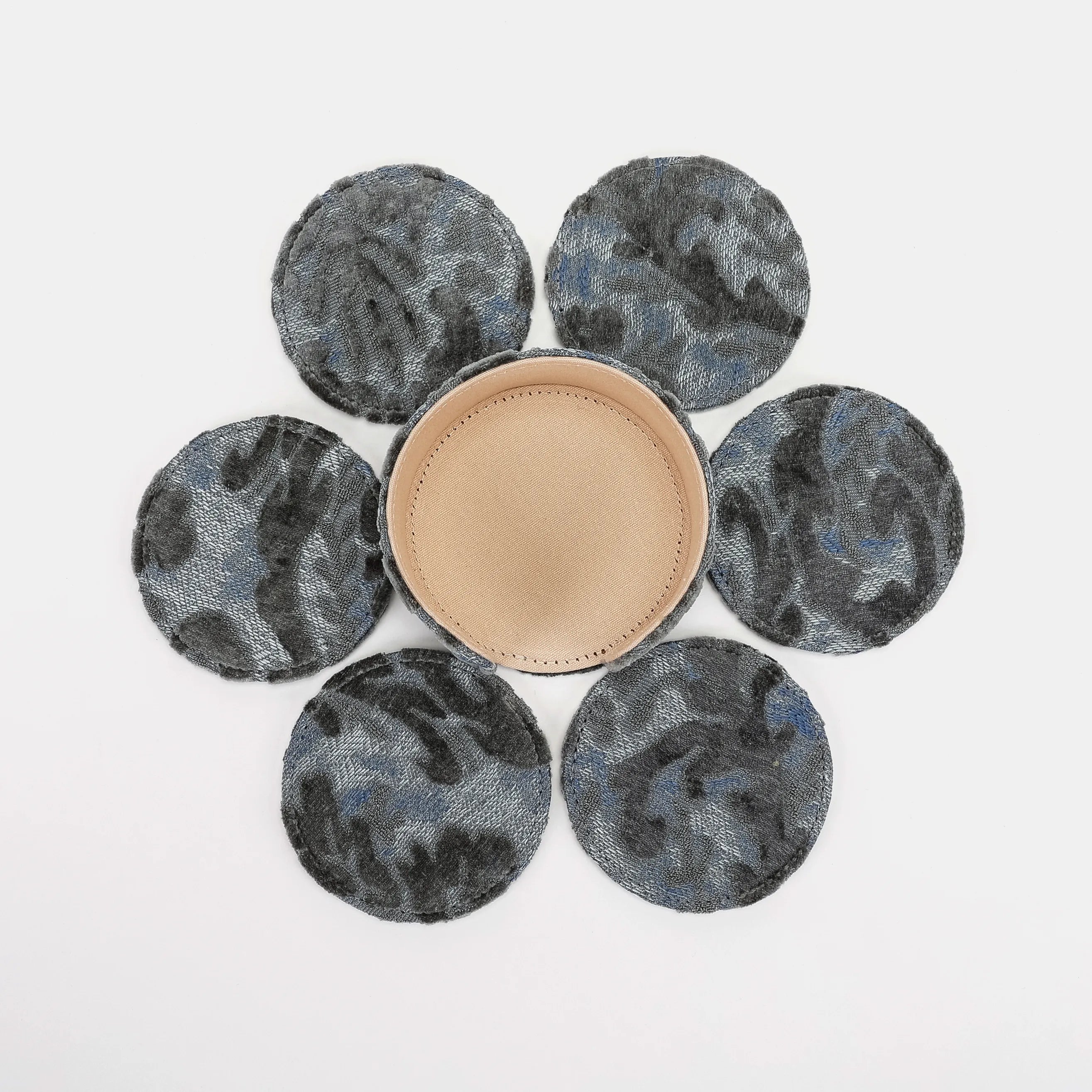 Burnout Velvet Steel Blue Round Coaster Set with Holder of America-6 pcs set