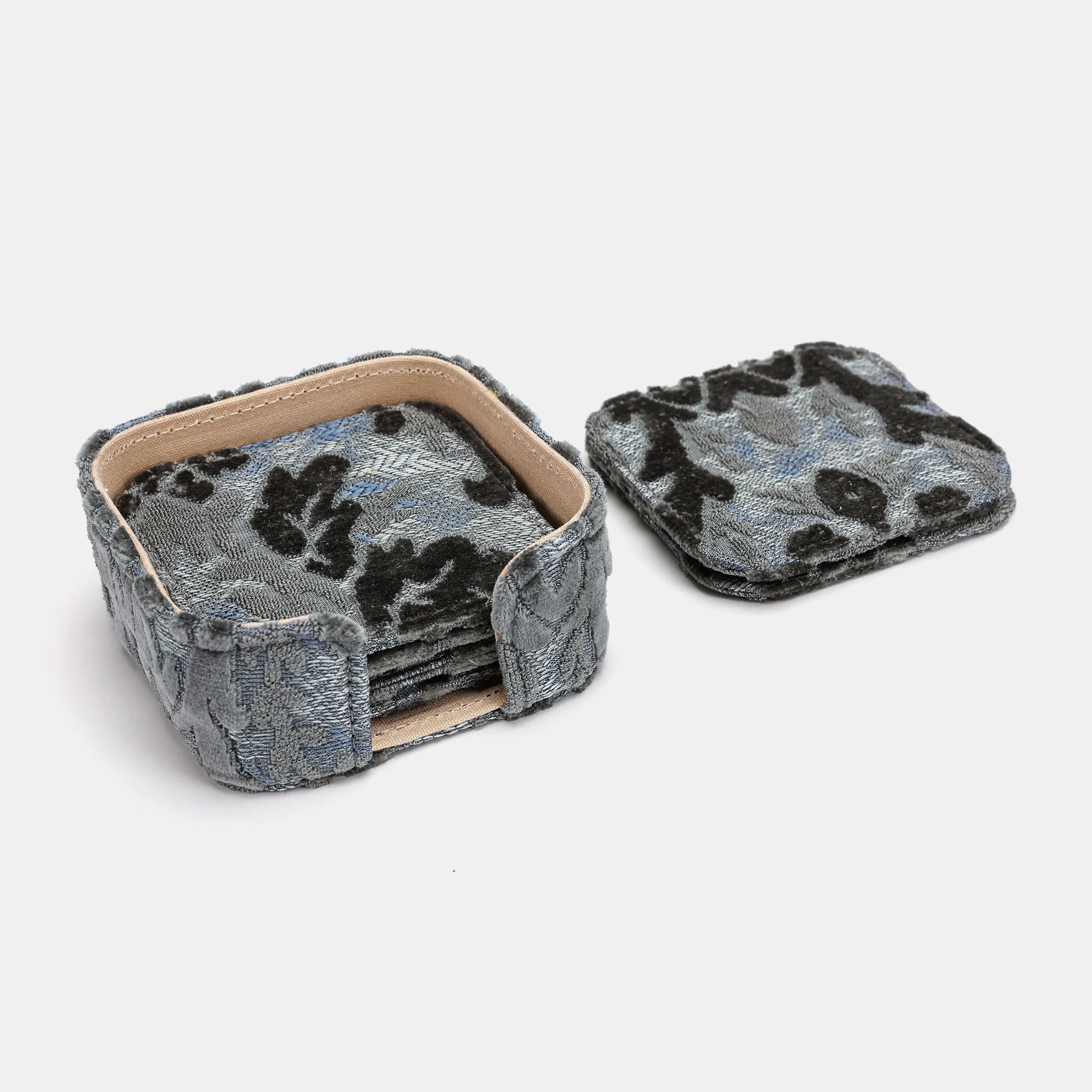 Burnout Velvet Steel Blue Square Coaster Set with Holder of America-details