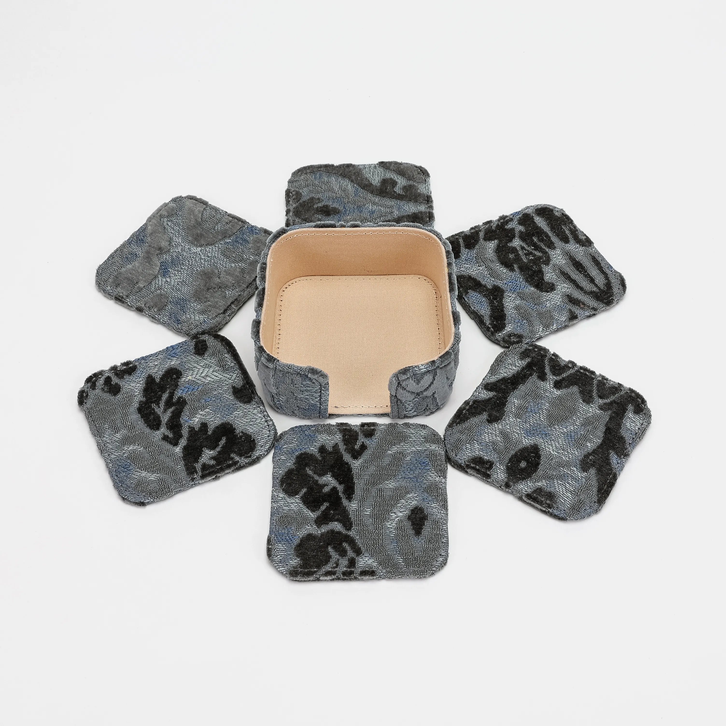 Burnout Velvet Steel Blue Square Coaster Set with Holder of America-6 pcs with holder