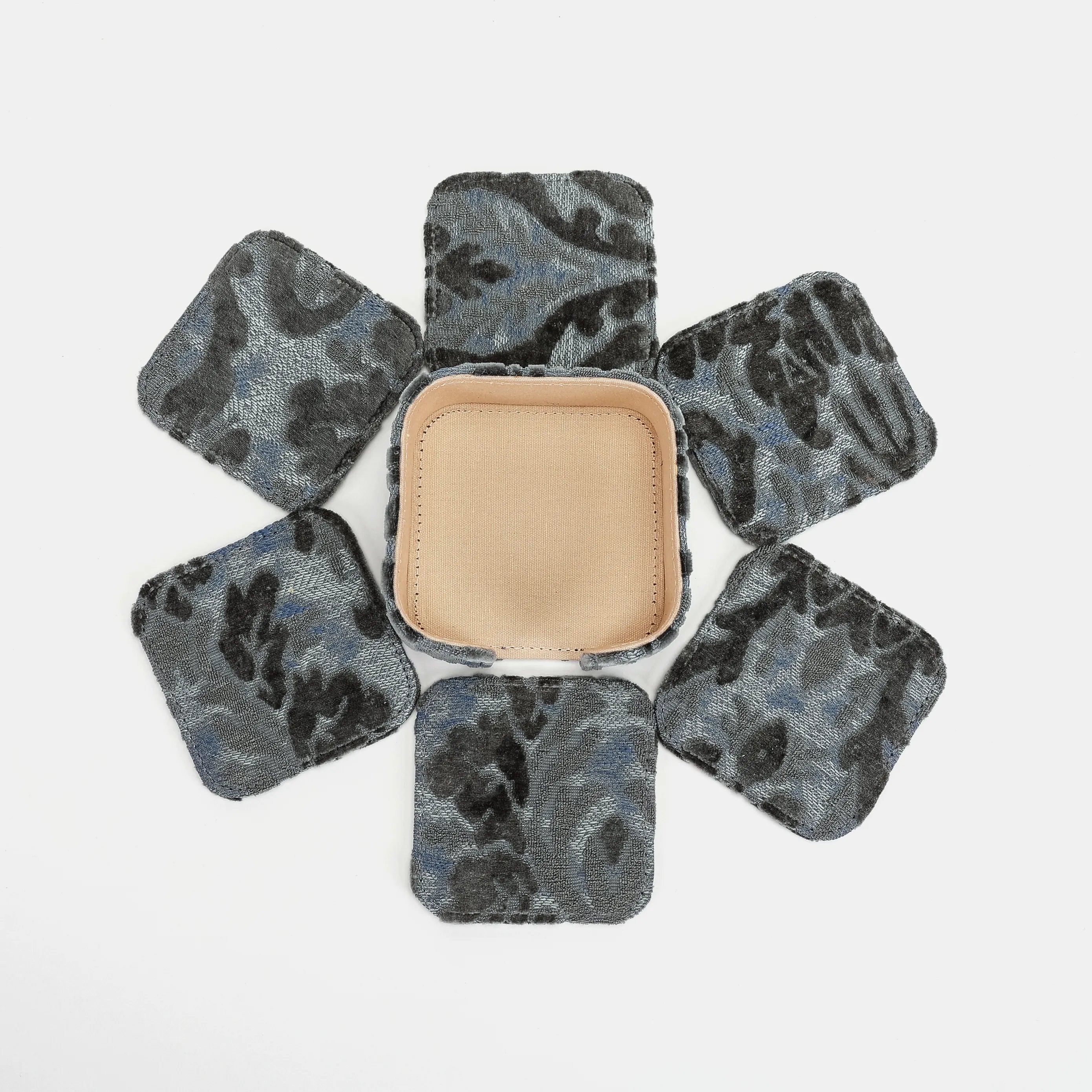 Burnout Velvet Steel Blue Square Coaster Set with Holder of America-6 pcs set