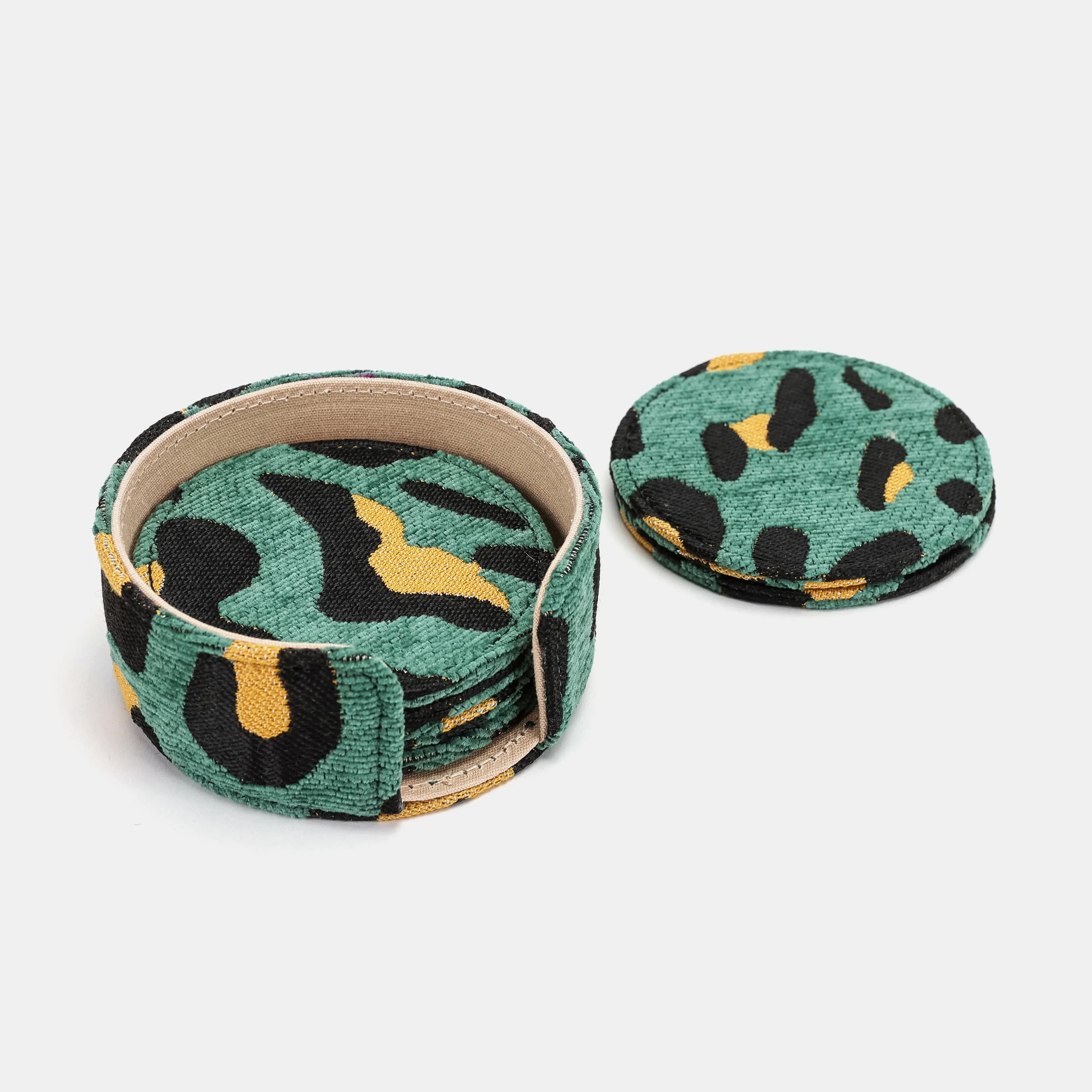 Leopard Green Round Coaster Set with Holder of America-Details