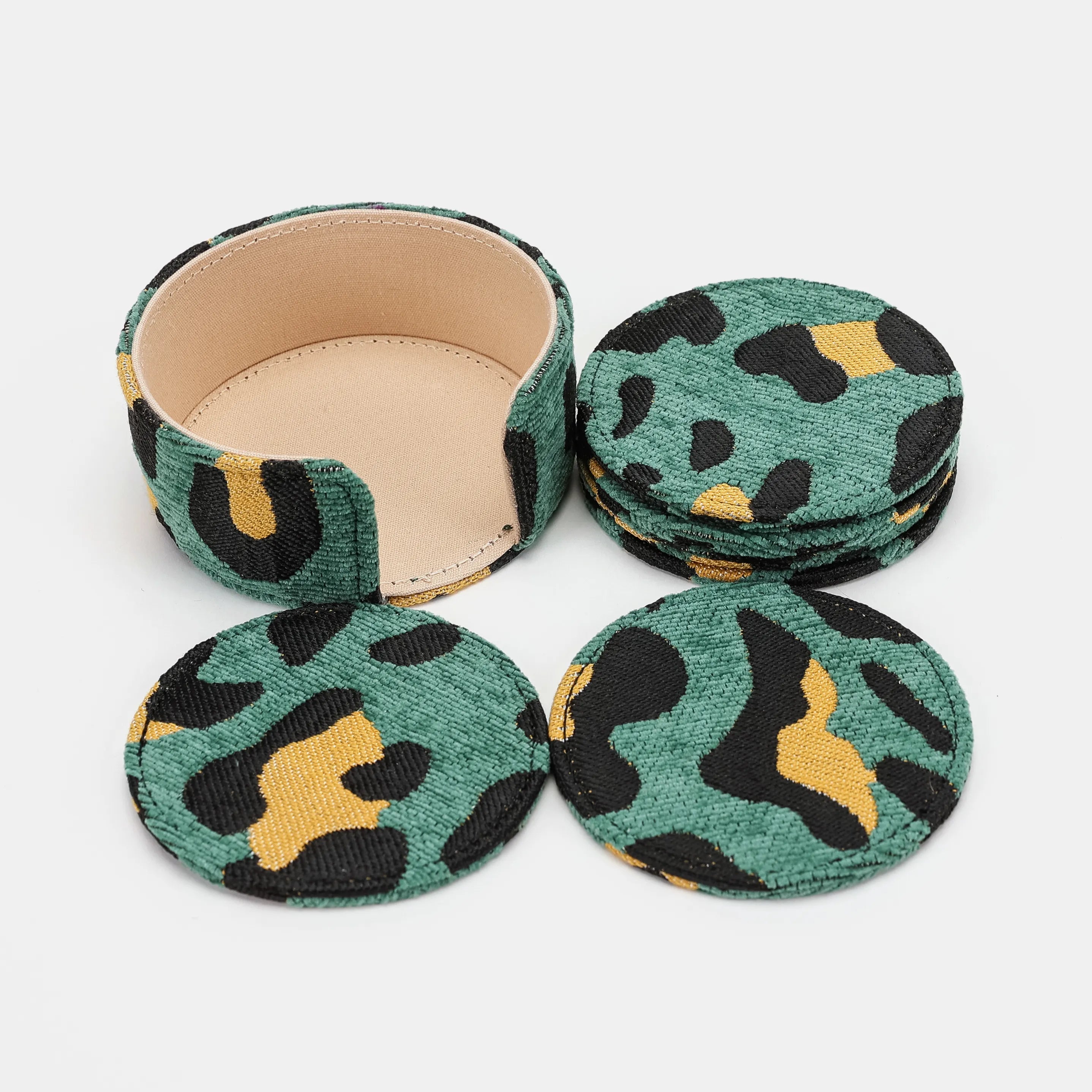 Leopard Green Round Coaster Set with Holder of America-Set details