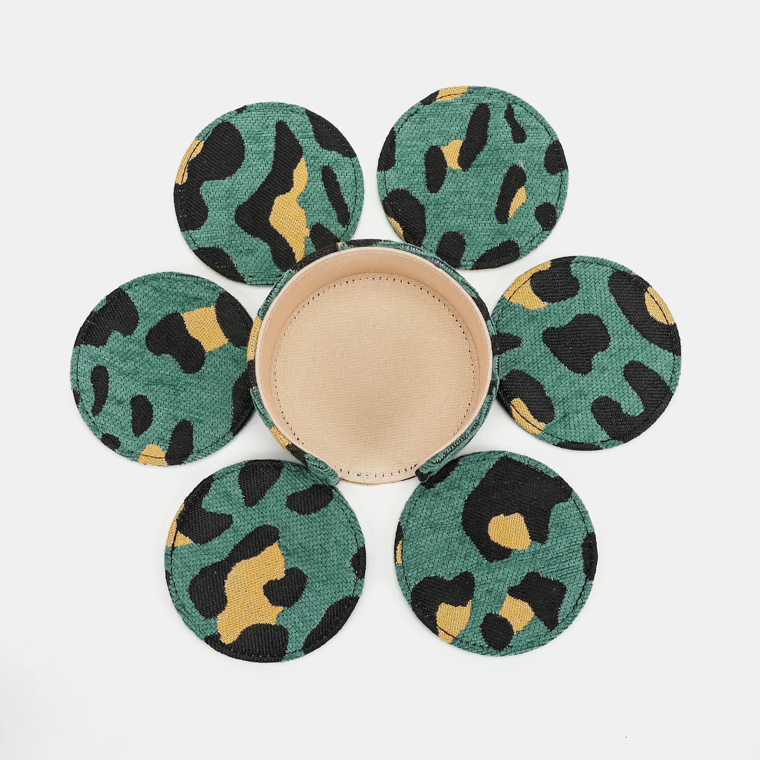 Leopard Green Round Coaster Set with Holder of America-6 pcs set